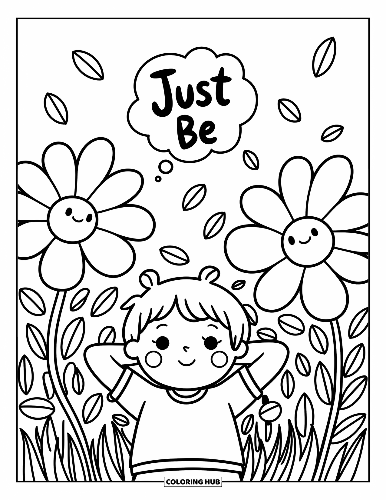 Mindfulness Coloring Page for Adults: A smiling character rests in giant flowers with petals floating and a "Just be" message above