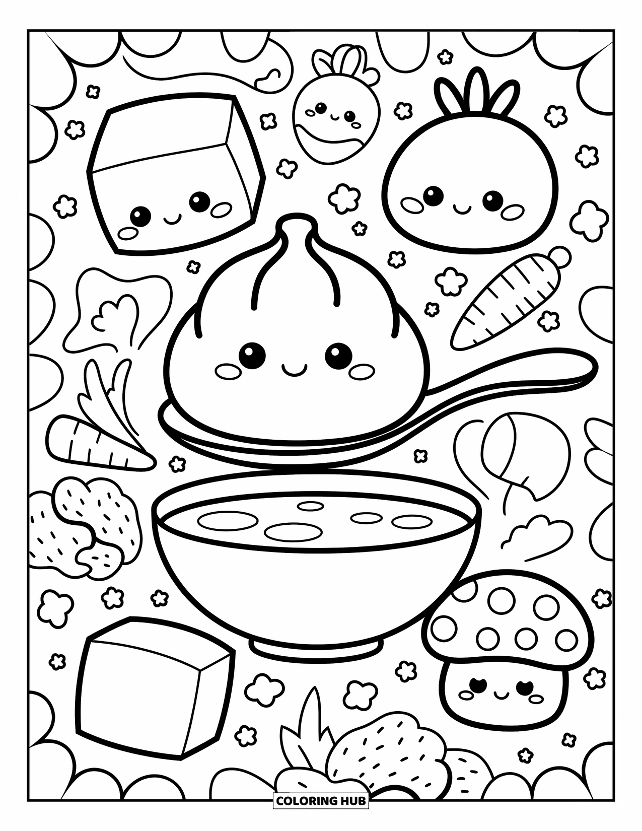 Mindfulness Coloring Page for Adults: A smiling dumpling floats above soup with meditating tofu, carrot, and mushroom friends