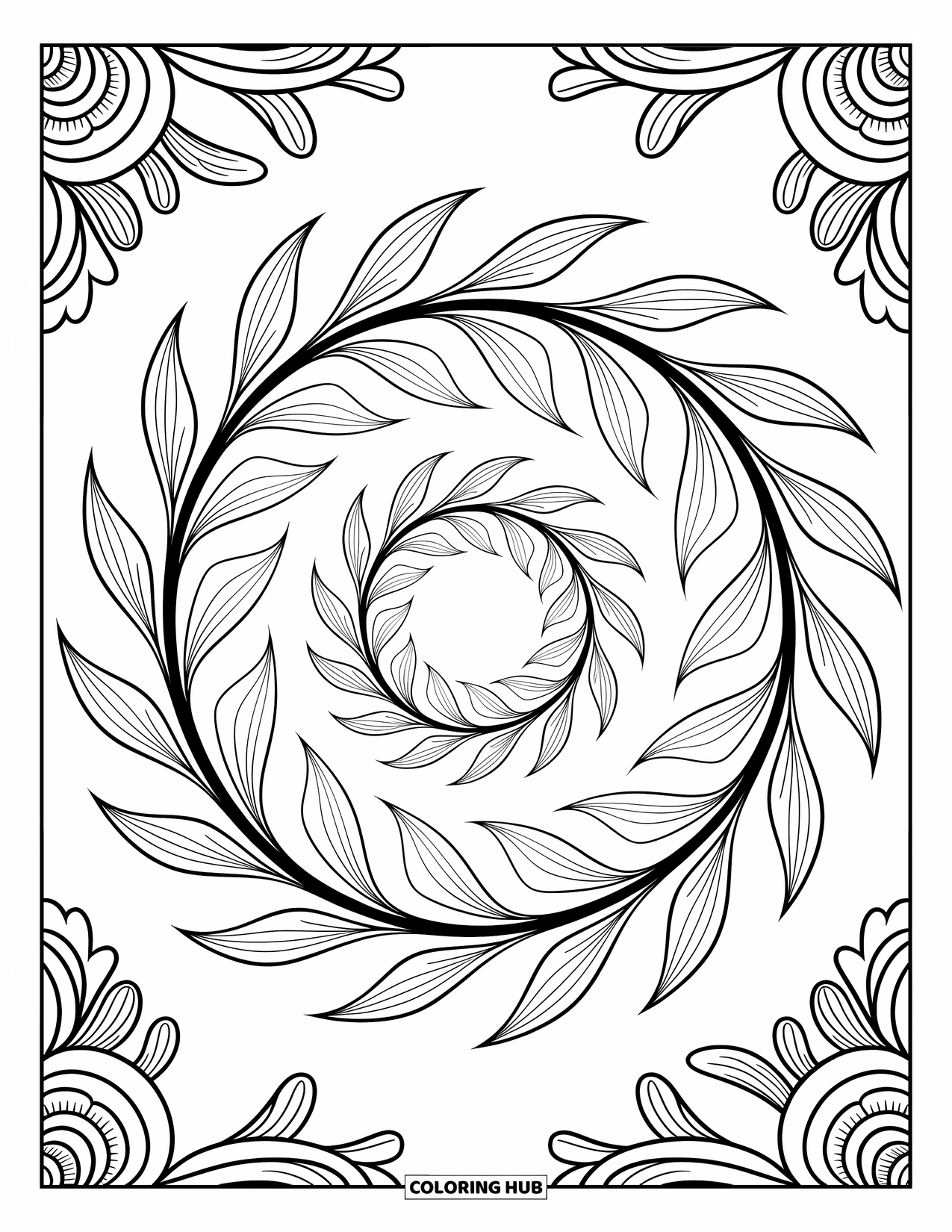 Mindfulness Coloring Page for Adults: A spiral of abstract leaves and petals forms a flowing circular pattern with intricate backgrounds