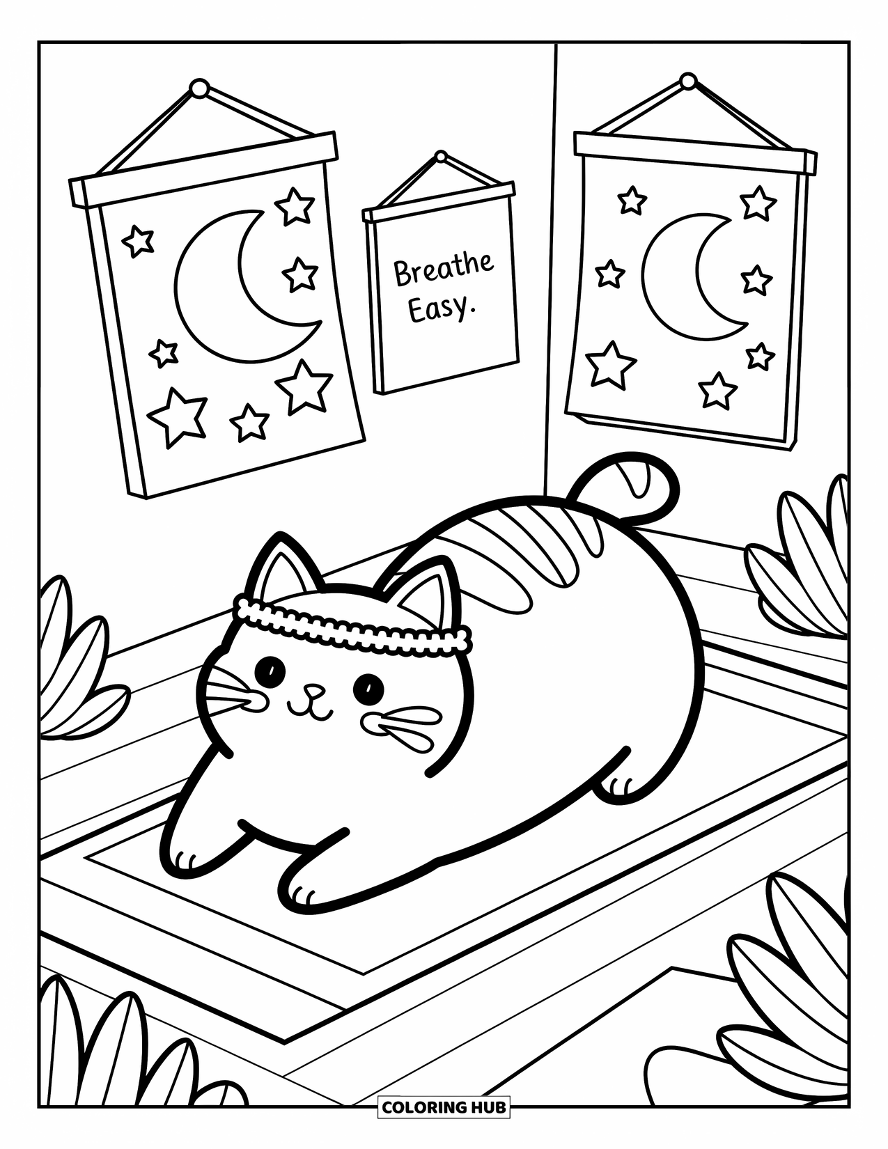 Mindfulness Coloring Page for Adults: A stretching cat with a headband relaxes under posters of stars, moons, and "breathe easy"