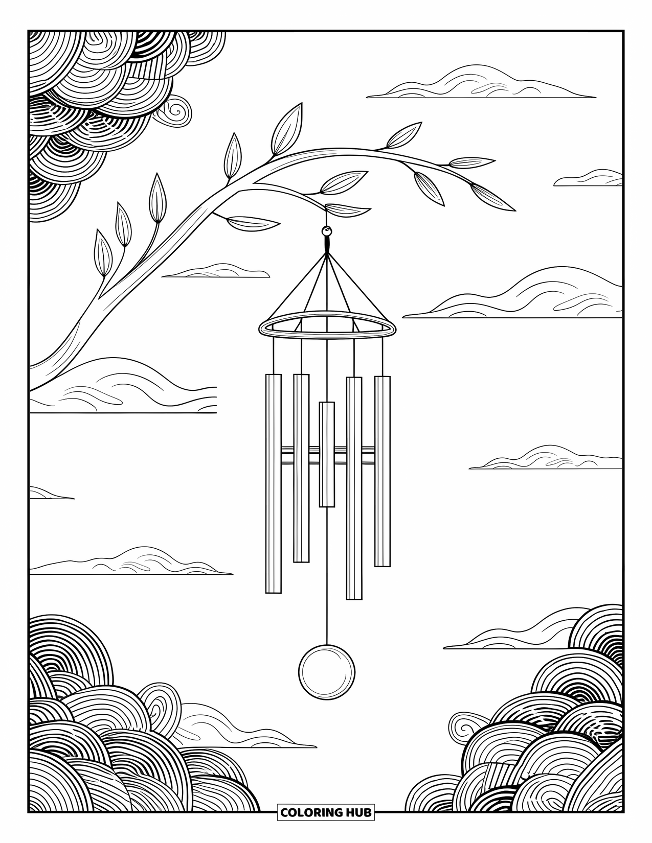 Mindfulness Coloring Page for Adults: A wind chime dangles from a branch with swirling air lines and intricate background details