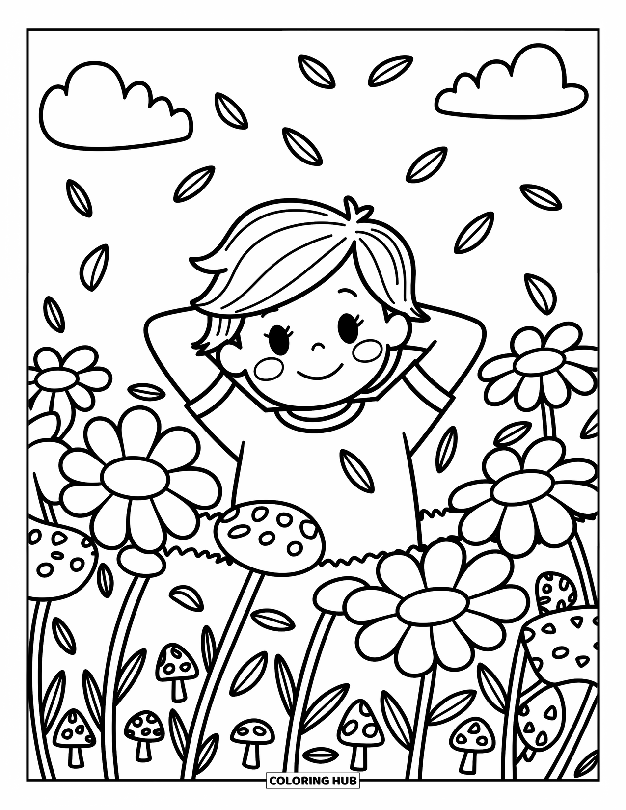 Mindfulness Coloring Page for Adults: A young character lies in a flower field smiling as petals float by, surrounded by playful miniatures