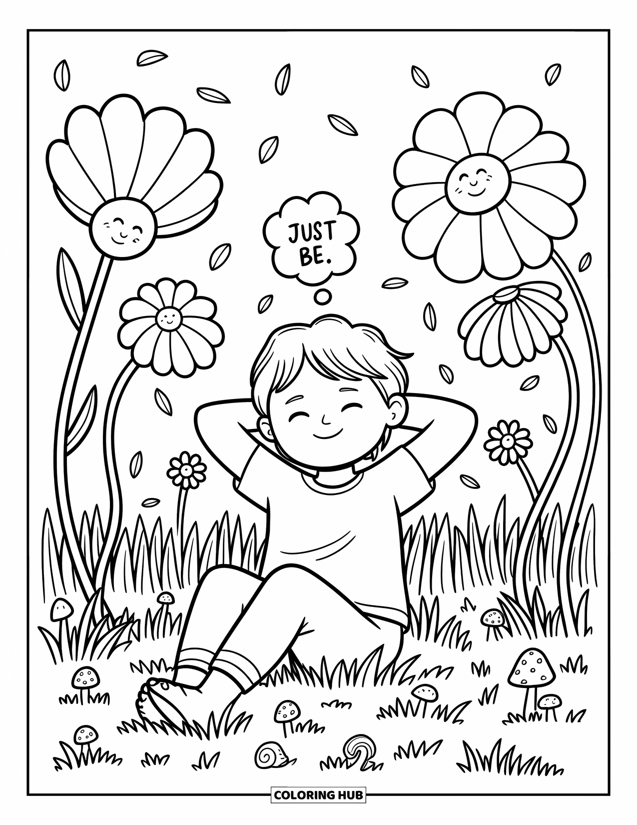 Mindfulness Coloring Page for Adults: A young character smiles in a field of giant flowers with petals drifting above and "Just be" nearby