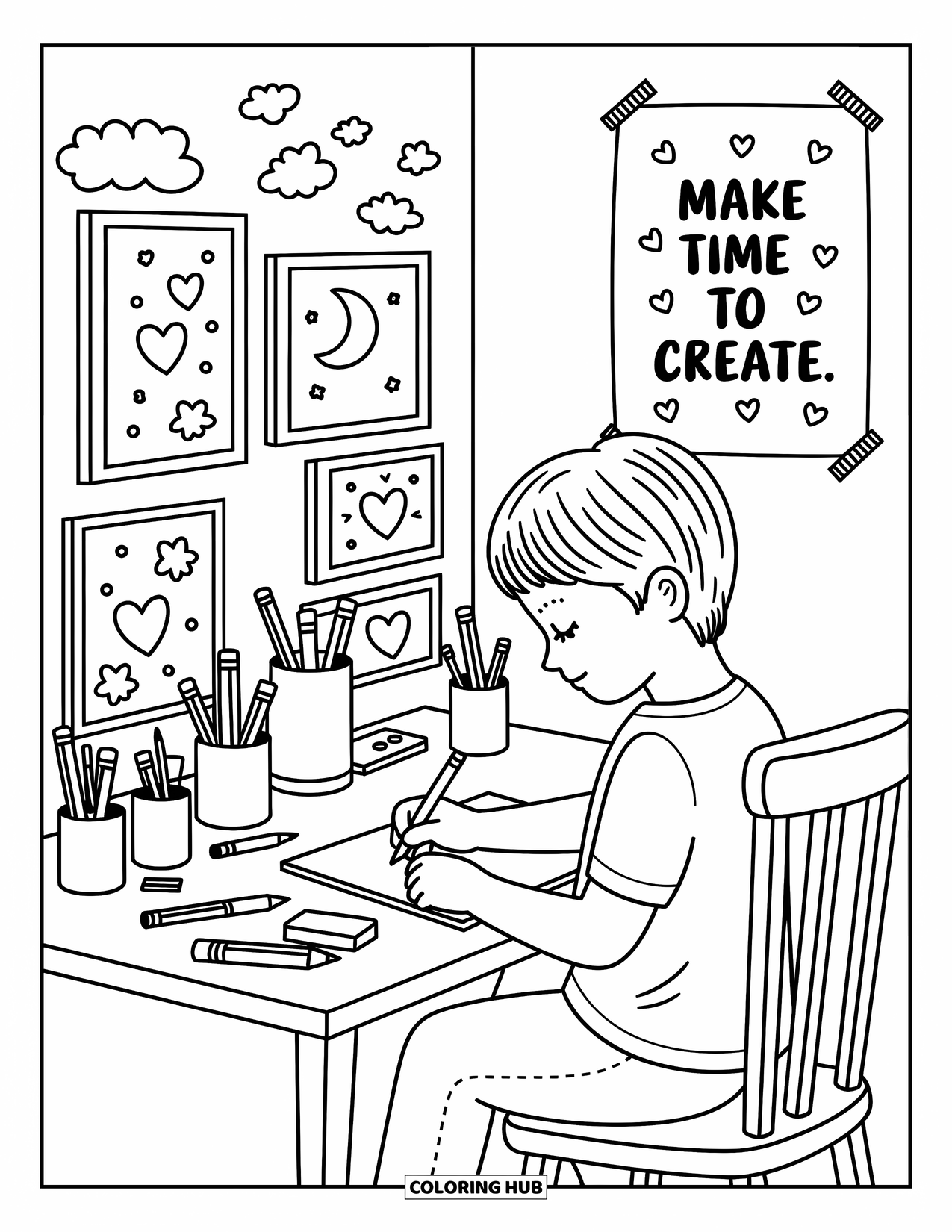 Mindfulness Coloring Page for Adults: A young person sketches at a cozy desk with kawaii tools and a "Make time to create" poster