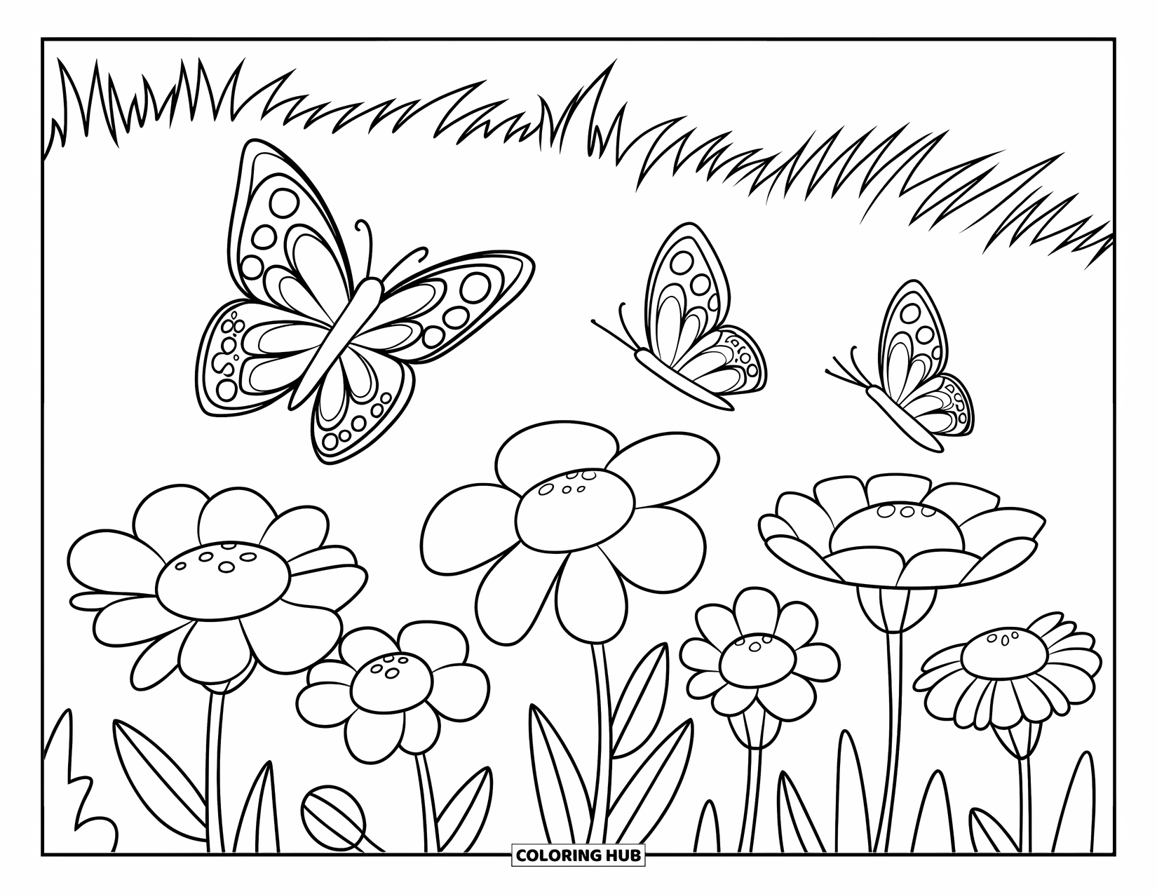 Mindfulness Coloring Page for Kids: A bright garden with big flowers and bold butterflies fluttering under a clear sky