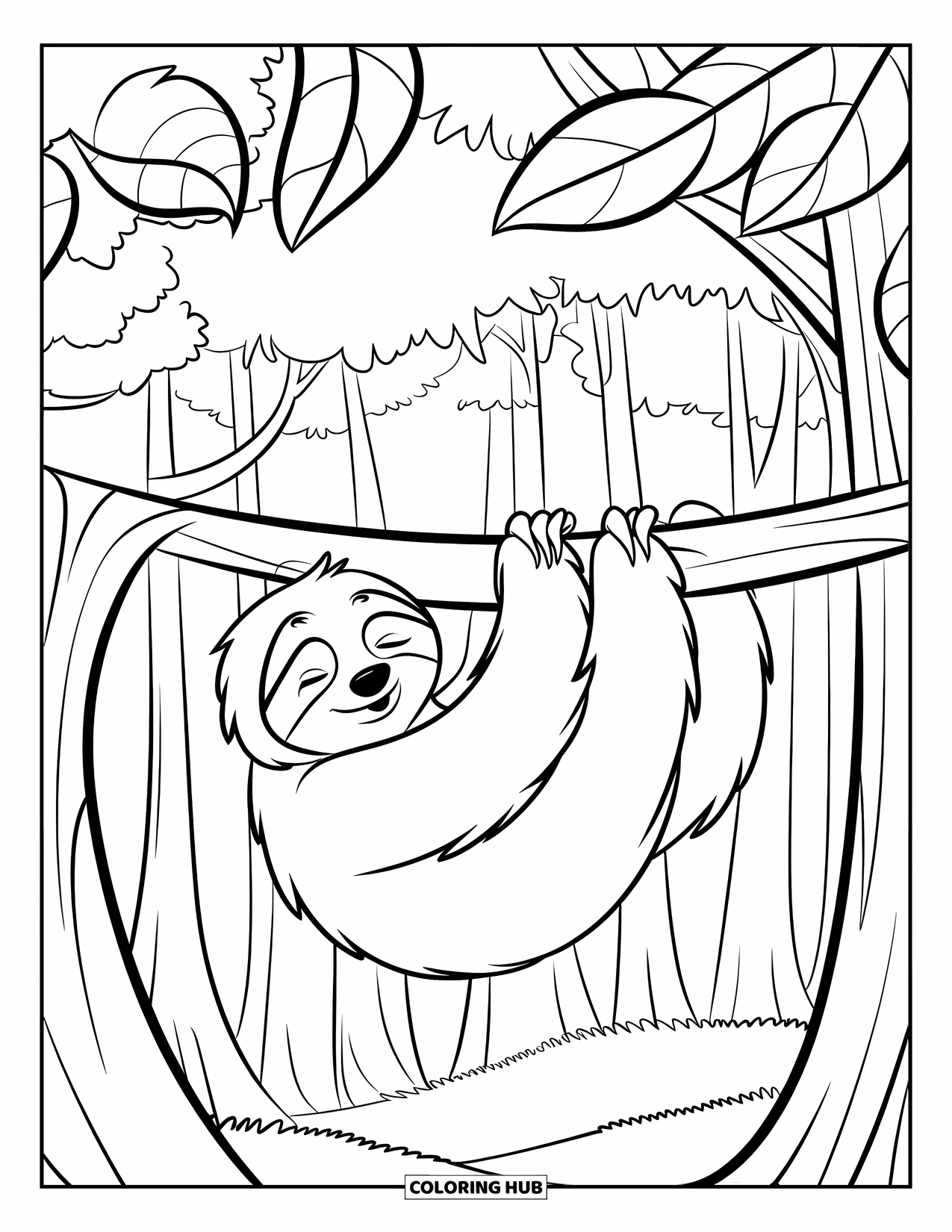 Mindfulness Coloring Page for Kids: A calm sloth rests on a tree branch in a serene forest with tall trees around
