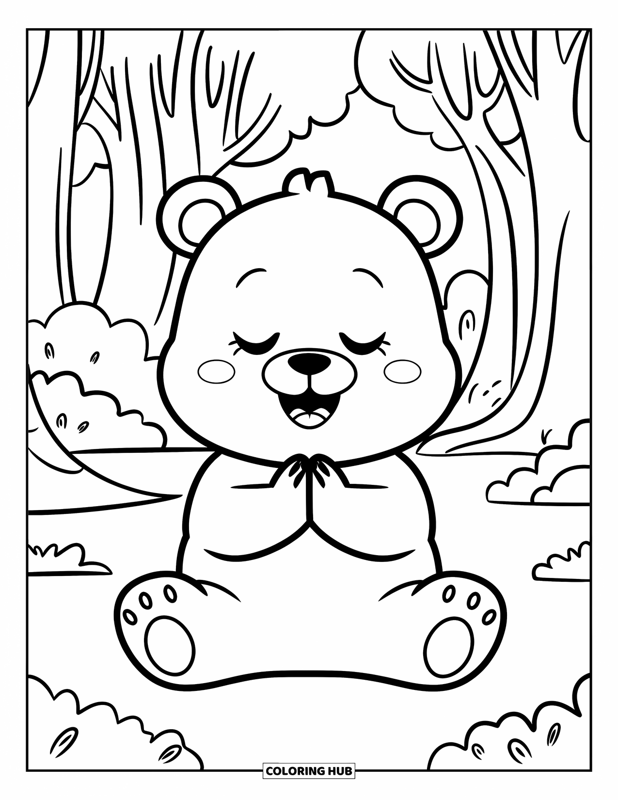 Mindfulness Coloring Page for Kids: A chubby bear sits cross-legged in a quiet forest, practicing deep, calming breaths