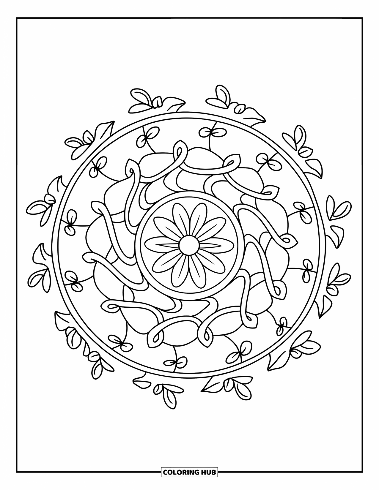 Mindfulness Coloring Page for Kids: A circular mandala with leafy vines and a big flower blooms at the center