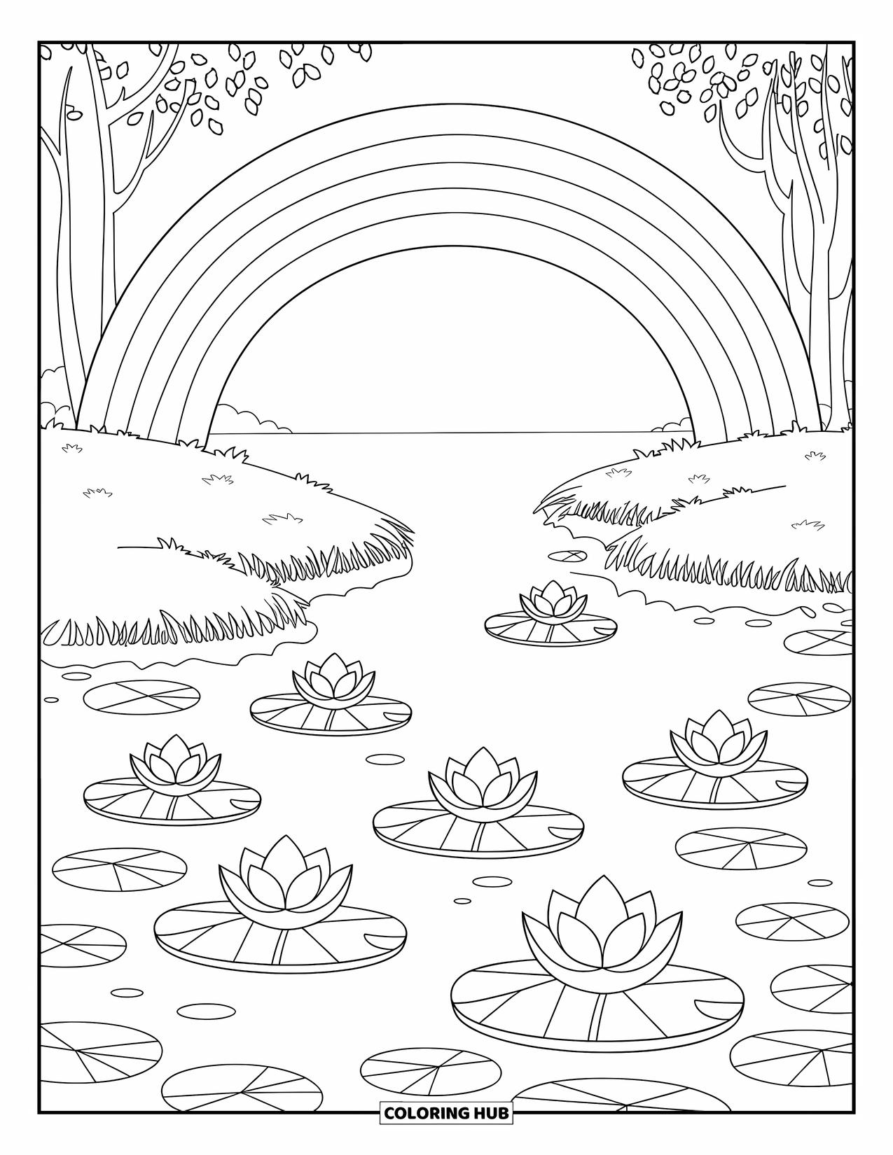Mindfulness Coloring Page for Kids: A colorful rainbow arches above a calm lake with lotus flowers and a grassy bank nearby