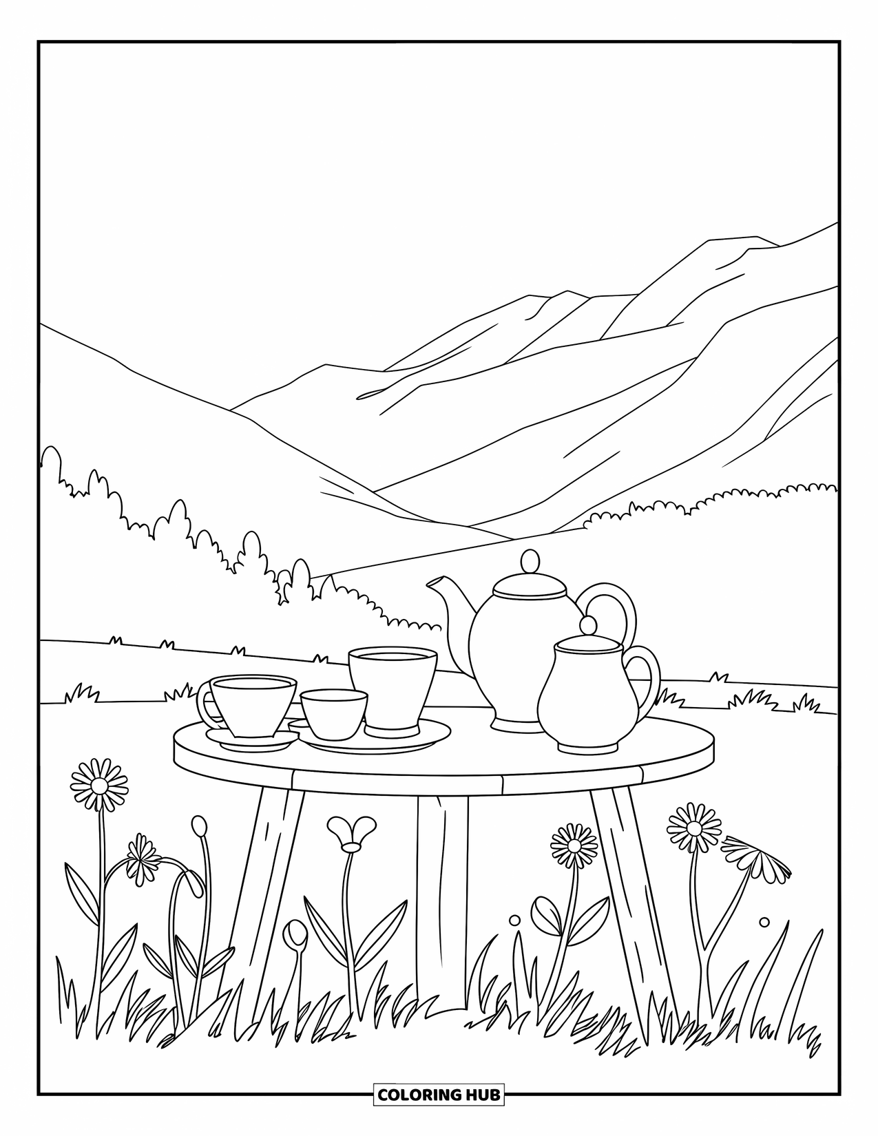 Mindfulness Coloring Page for Kids: A cozy tea set sits on a wooden table beside wildflowers and distant mountains