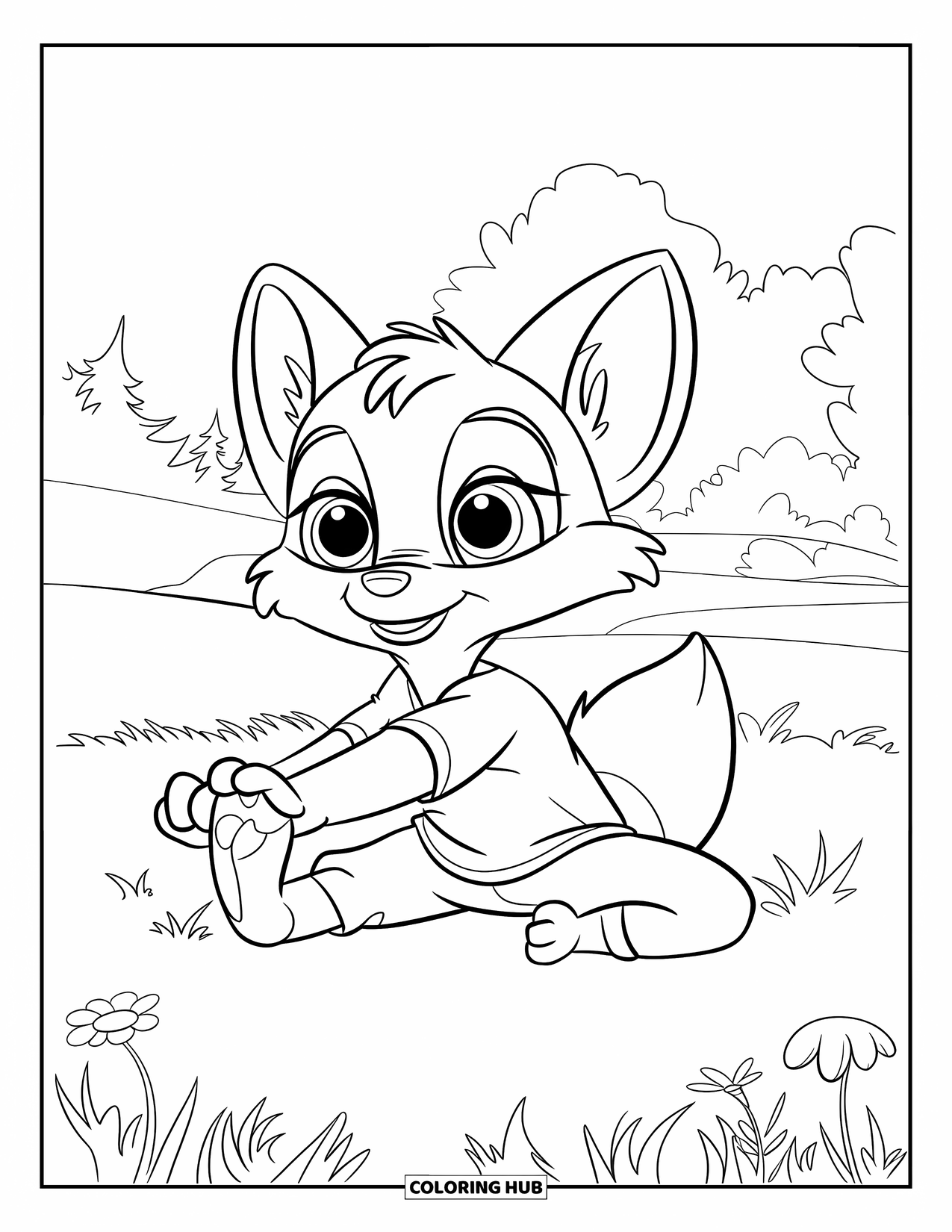 Mindfulness Coloring Page for Kids: A cute fox stretches gently in a yoga pose on a sunny meadow with flowers