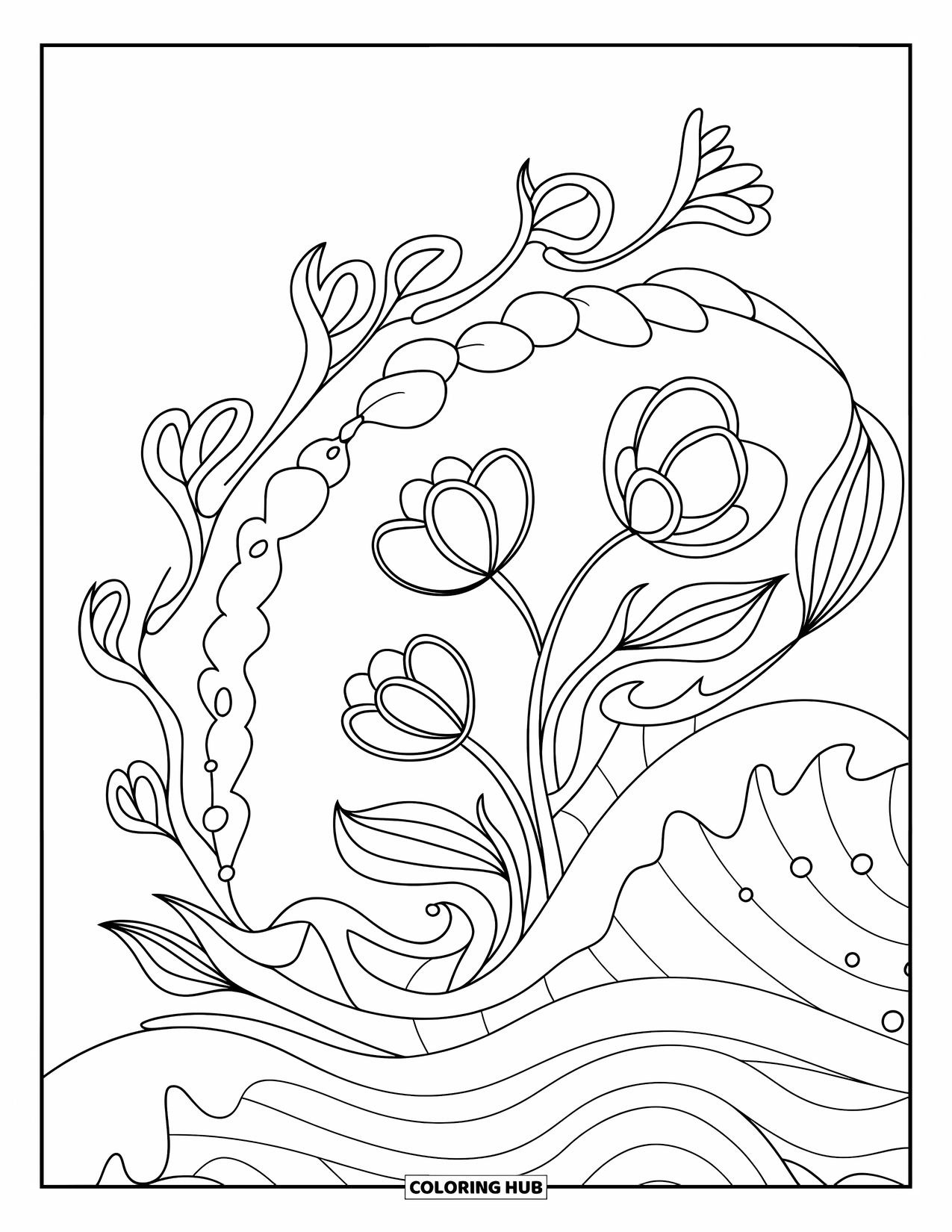 Mindfulness Coloring Page for Kids: A flowing mandala of flowers, leaves, and waves fills the scene with calm beauty