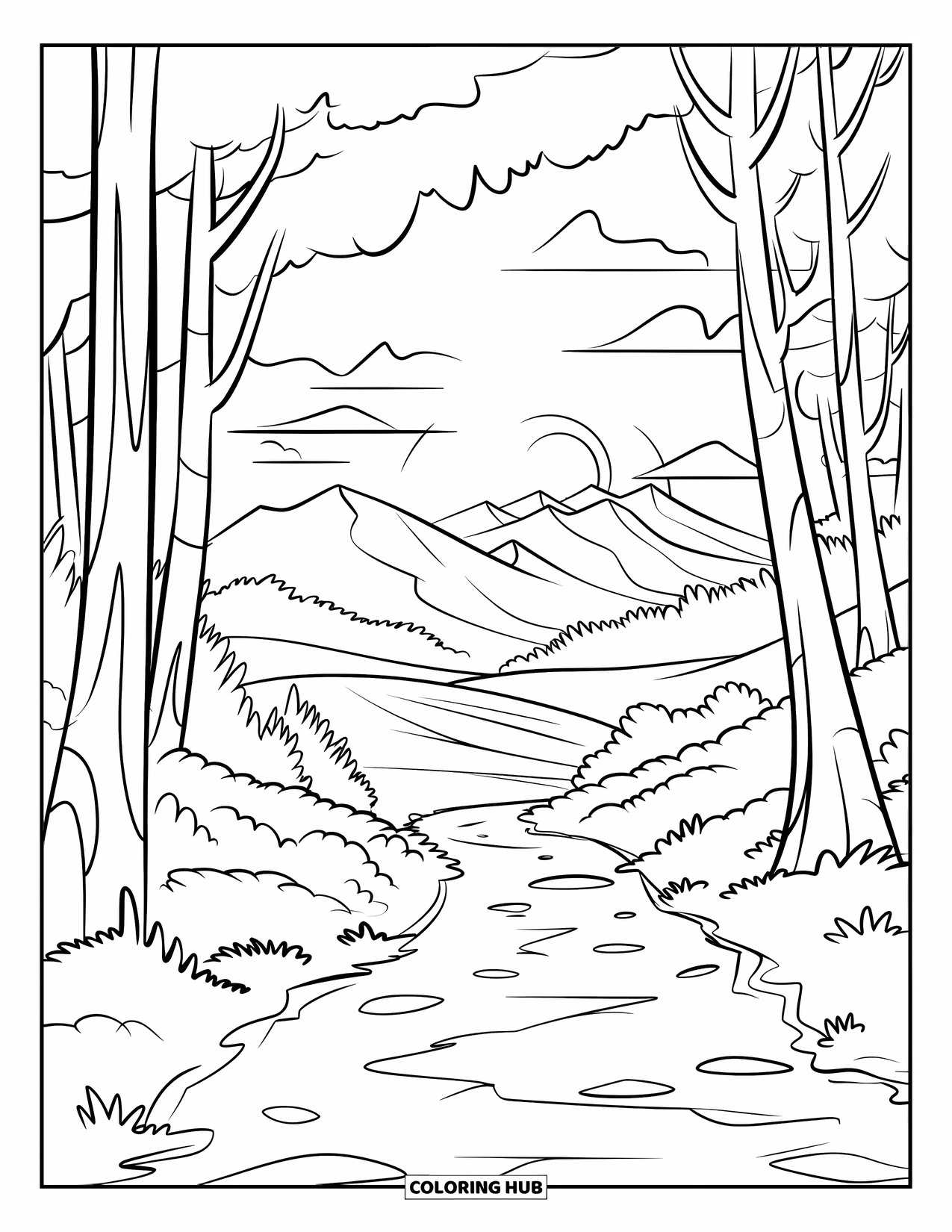 Mindfulness Coloring Page for Kids: A forest trail winds toward distant mountains under a sky filled with soft clouds