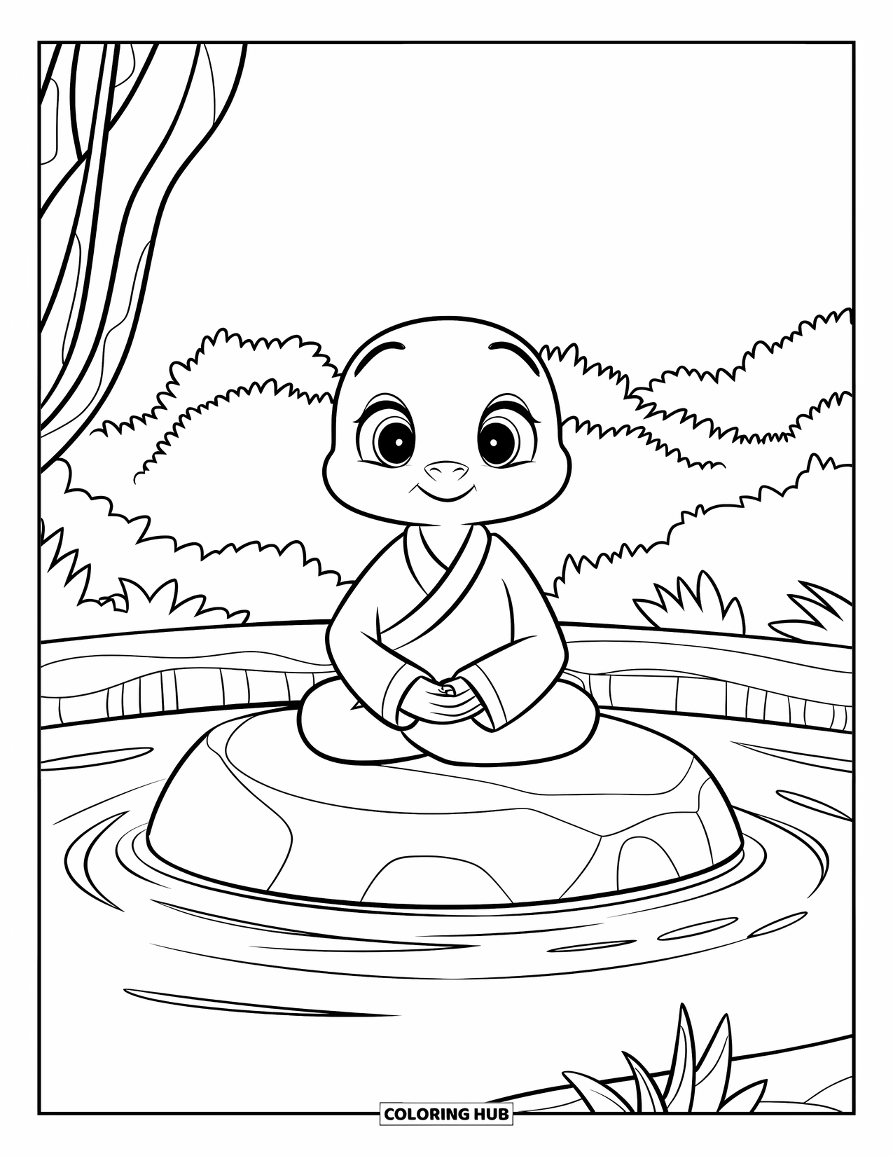 Mindfulness Coloring Page for Kids: A friendly turtle meditates peacefully on a smooth rock near a calm pond