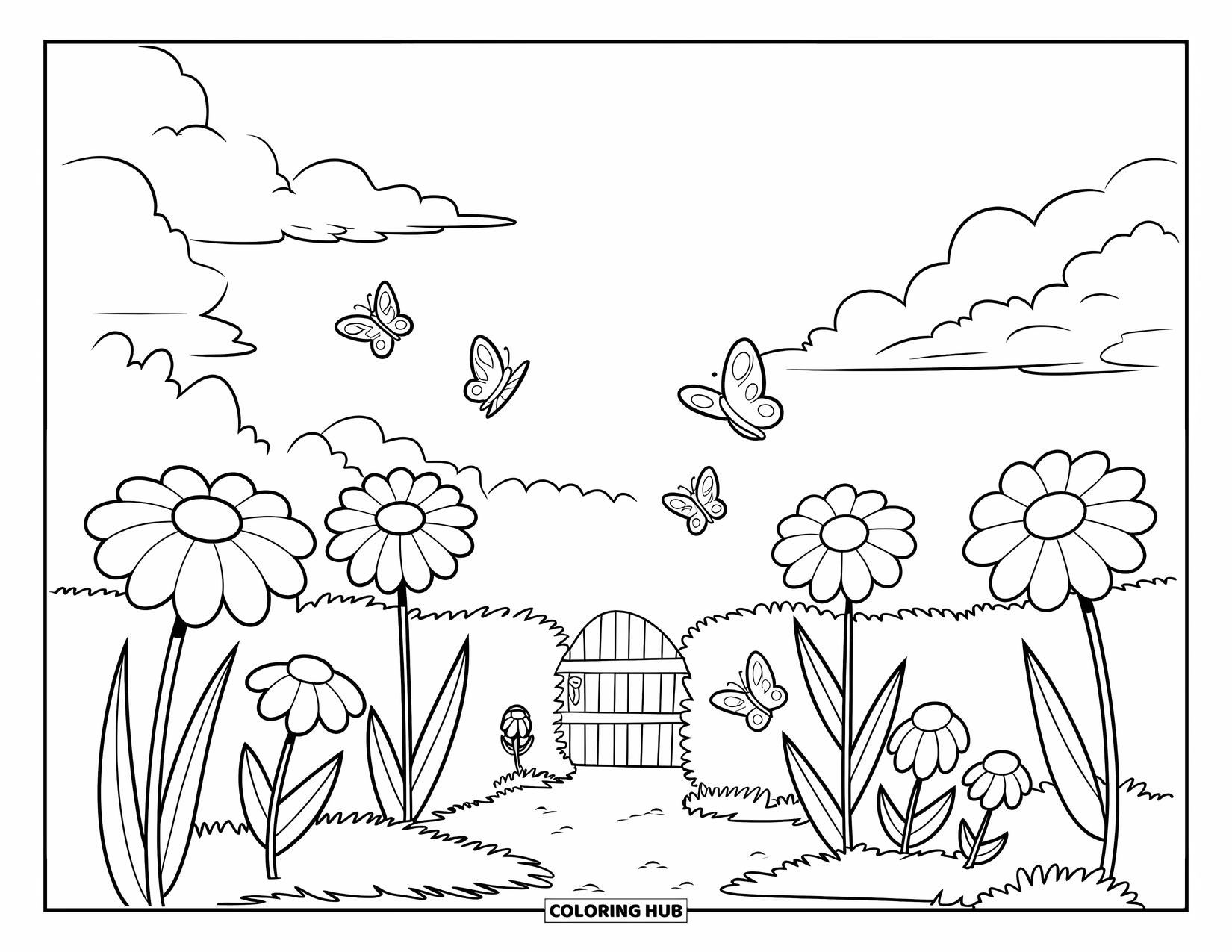 Mindfulness Coloring Page for Kids: A garden path winds through large flowers and butterflies under a sky with fluffy clouds