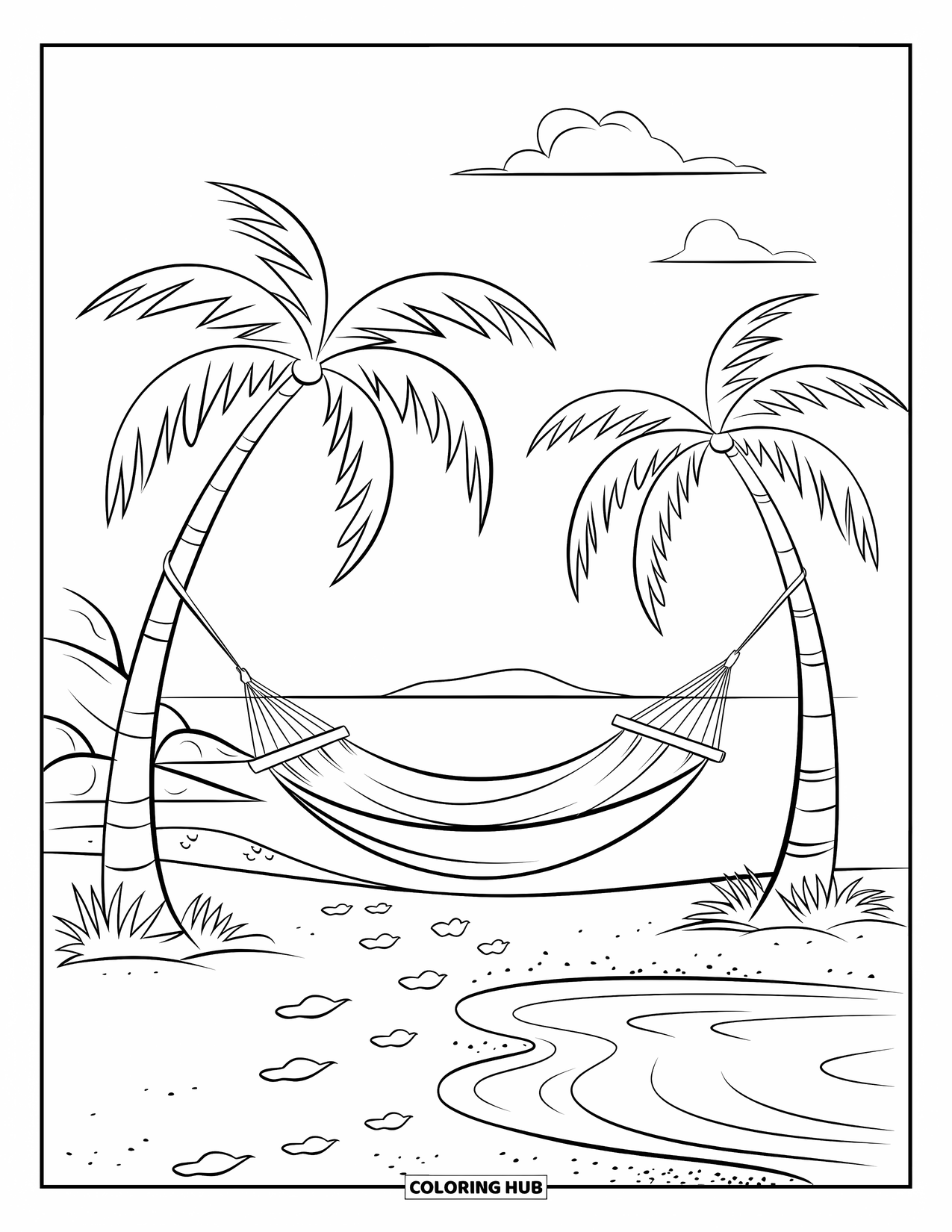Mindfulness Coloring Page for Kids: A hammock hangs between palm trees on a beach with footprints and rippling waves nearby