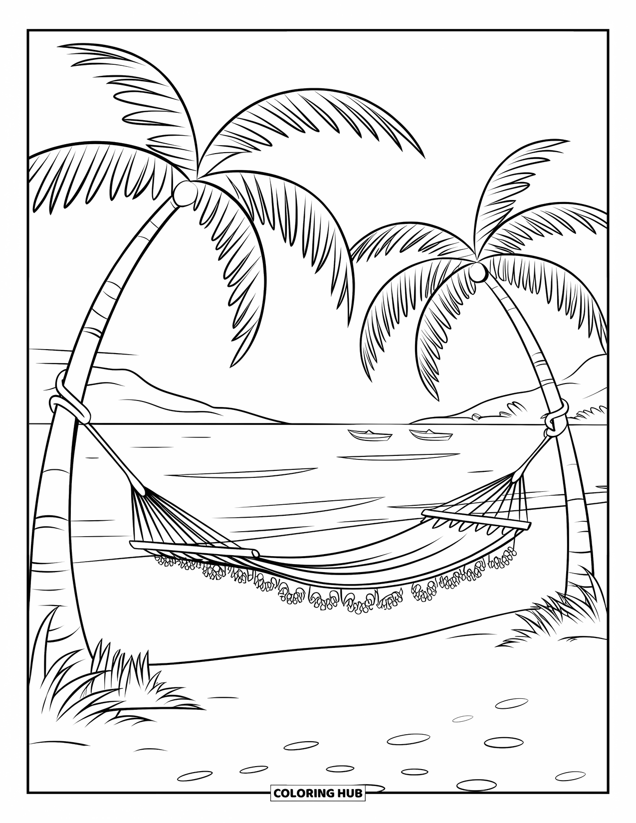 Mindfulness Coloring Page for Kids: A hammock rests between palm trees near a calm ocean with a few boats in the distance