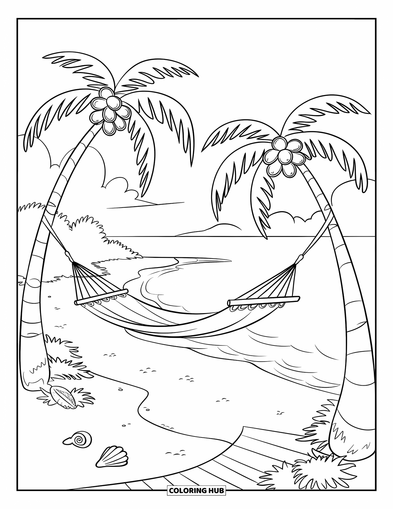Mindfulness Coloring Page for Kids: A hammock swings between palm trees on a beach with seashells and a wooden walkway