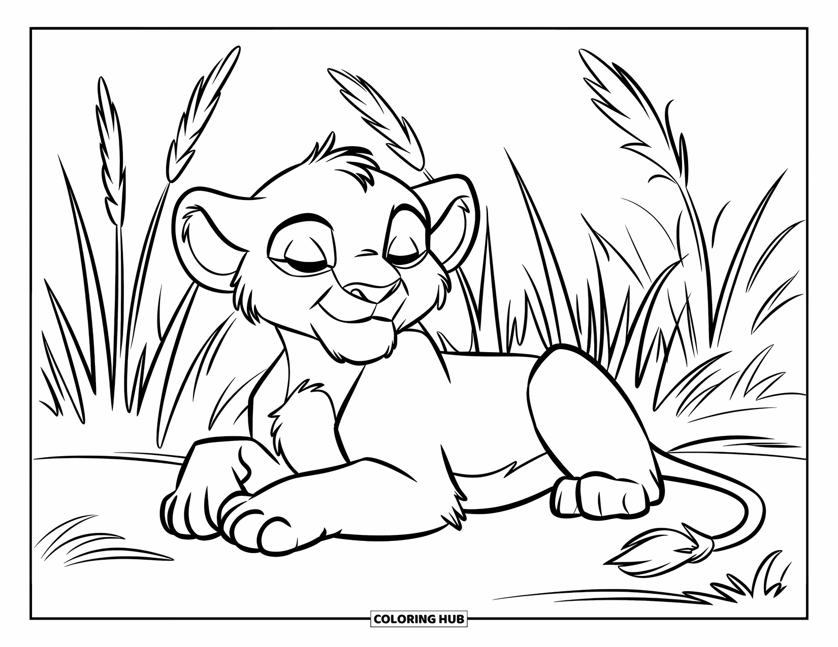 Mindfulness Coloring Page for Kids: A lion cub rests quietly in tall grasses as the breeze moves through the savannah