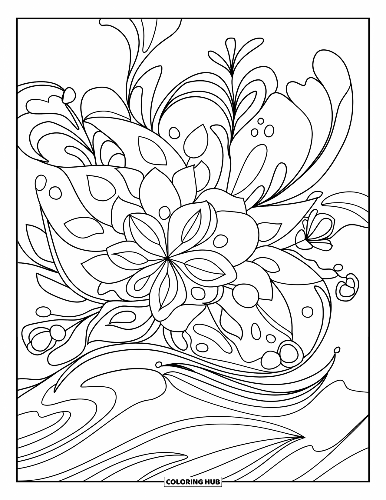 Mindfulness Coloring Page for Kids: A mandala of swirling flowers, leaves, and gentle waves invites quiet reflection