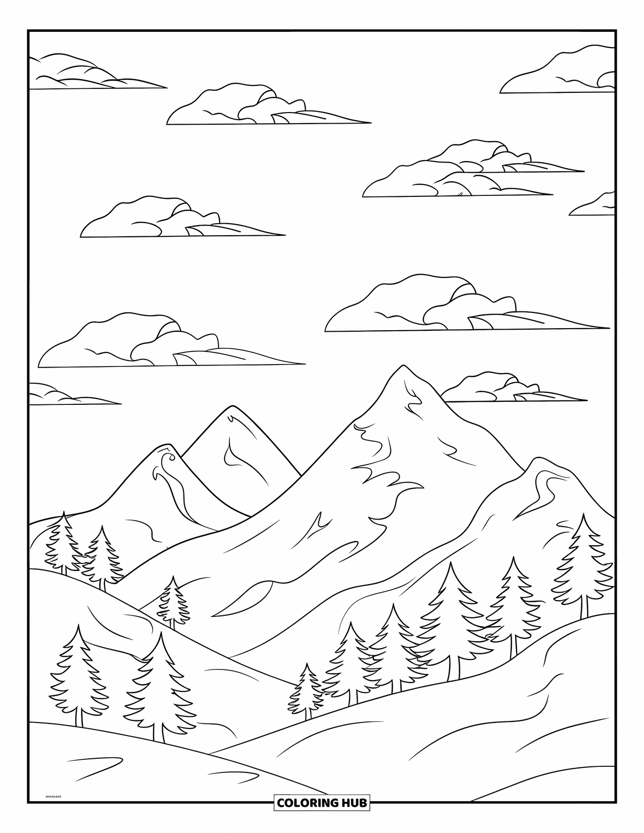 Mindfulness Coloring Page for Kids: A mountain landscape with peaceful pine trees and soft clouds floating above