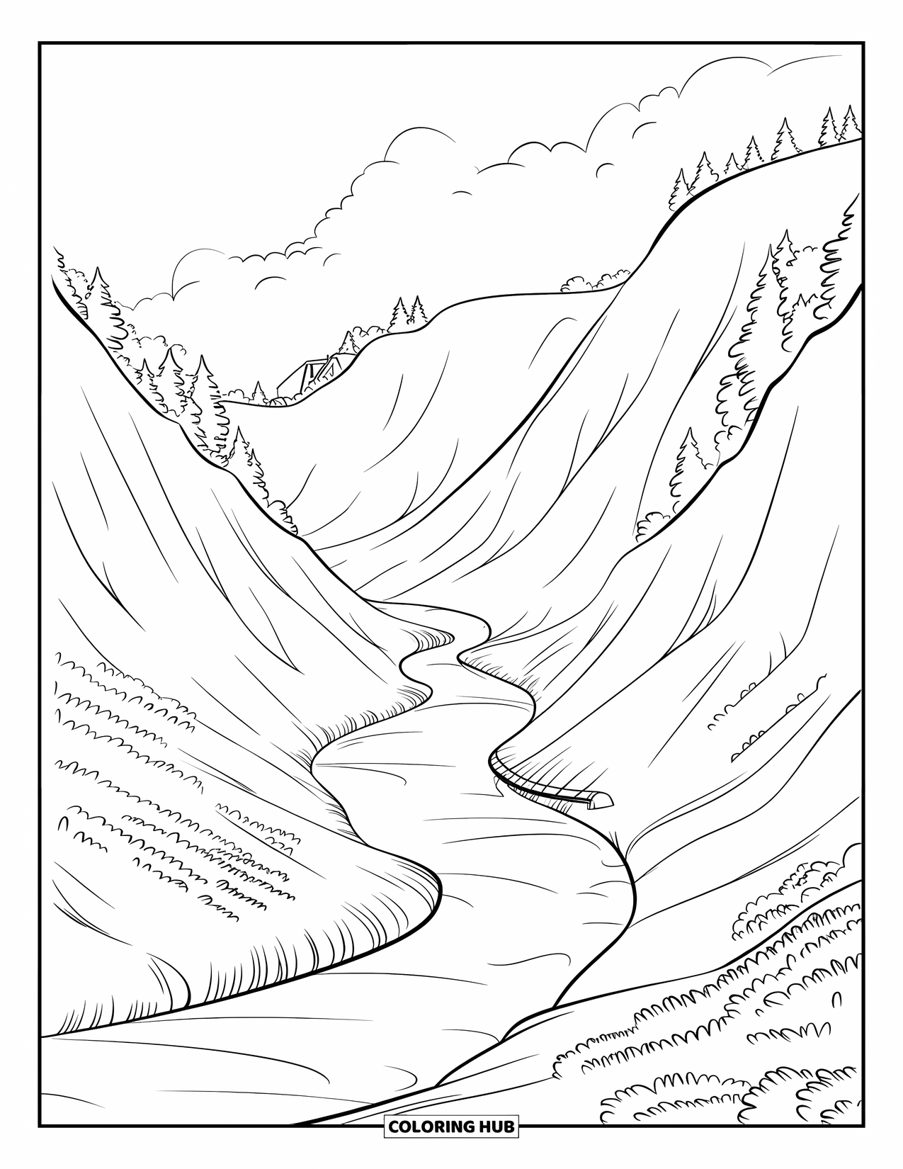 Mindfulness Coloring Page for Kids: A narrow river curves through steep hills with a small bridge and trees nearby
