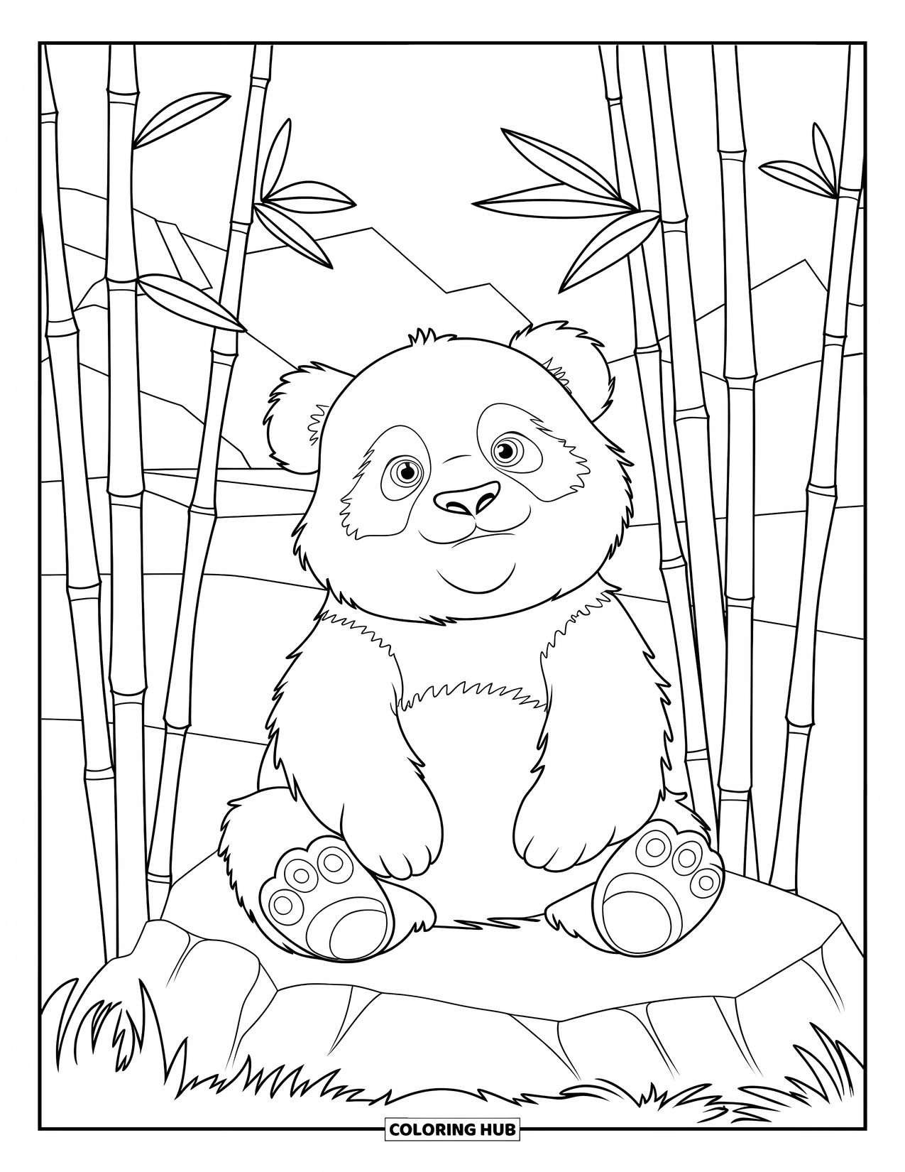 Mindfulness Coloring Page for Kids: A panda rests on a rock among bamboo, looking up at a calm sky