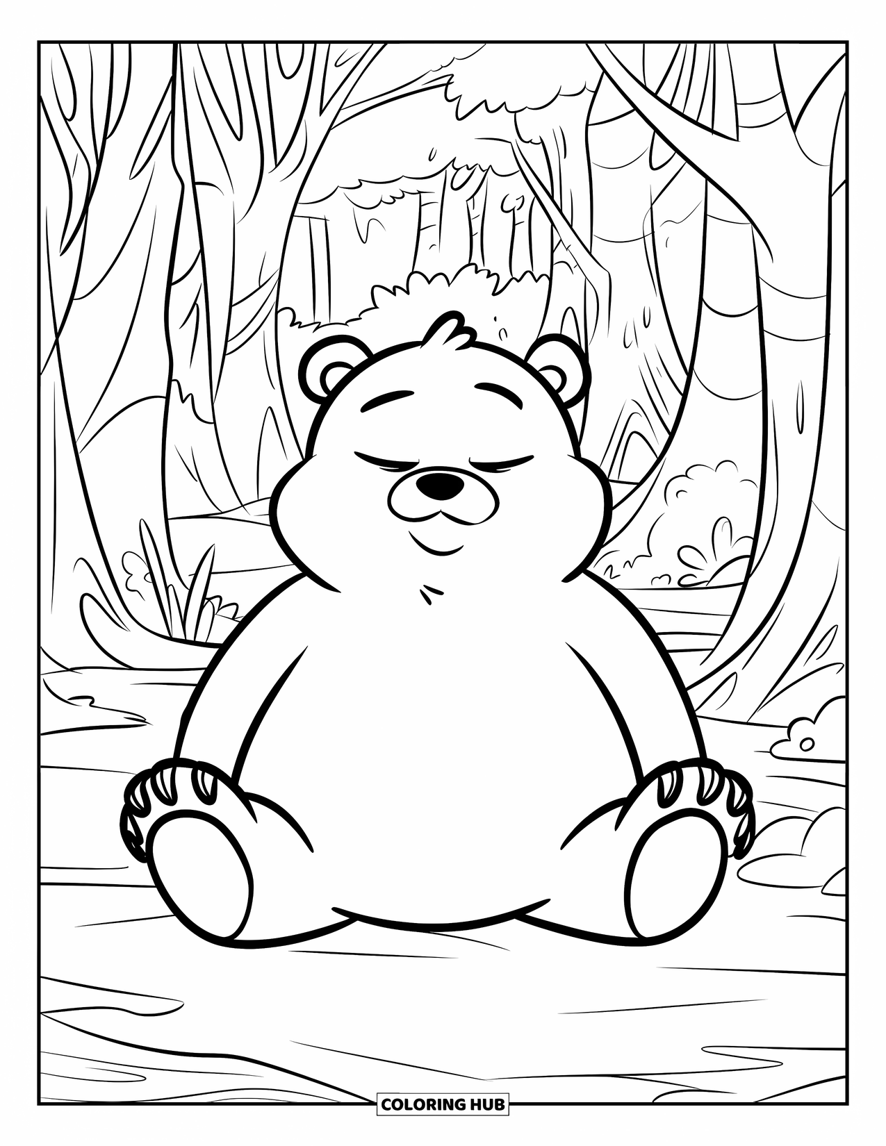 Mindfulness Coloring Page for Kids: A peaceful bear sits in a forest, practicing deep breathing among tall trees
