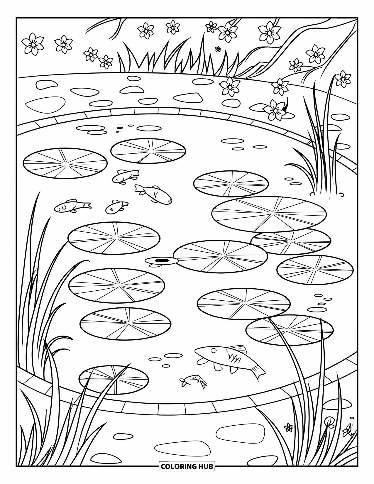 Mindfulness Coloring Page for Kids: A peaceful koi pond with lily pads, swimming fish, tall grass, and cherry blossoms nearby