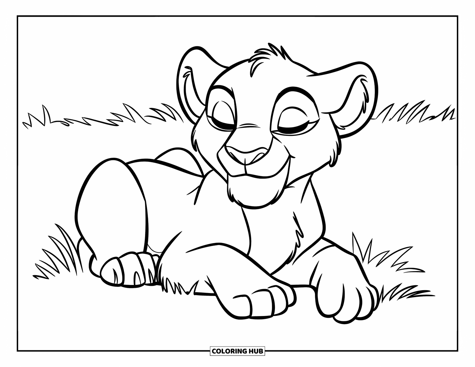Mindfulness Coloring Page for Kids: A peaceful lion cub rests on a grassy field with eyes closed, feeling the breeze