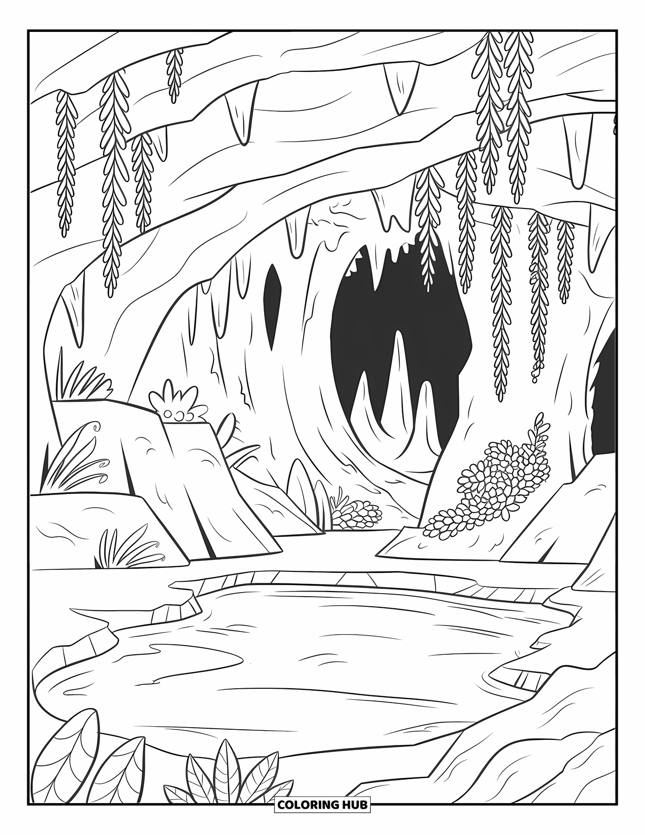 Mindfulness Coloring Page for Kids: A quiet cave with hanging vines, stalactites, and a still pool of water inside