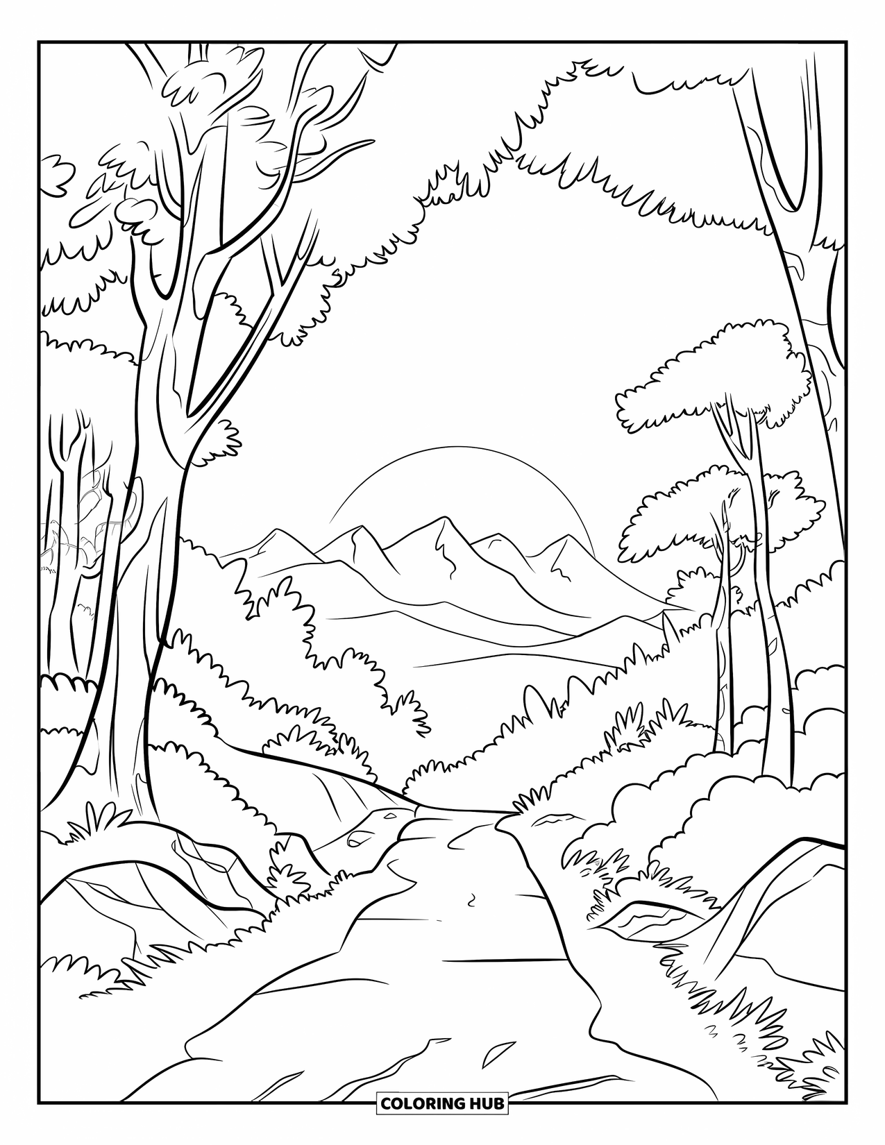 Mindfulness Coloring Page for Kids: A quiet trail winds between rocks and trees toward mountains under a glowing sky