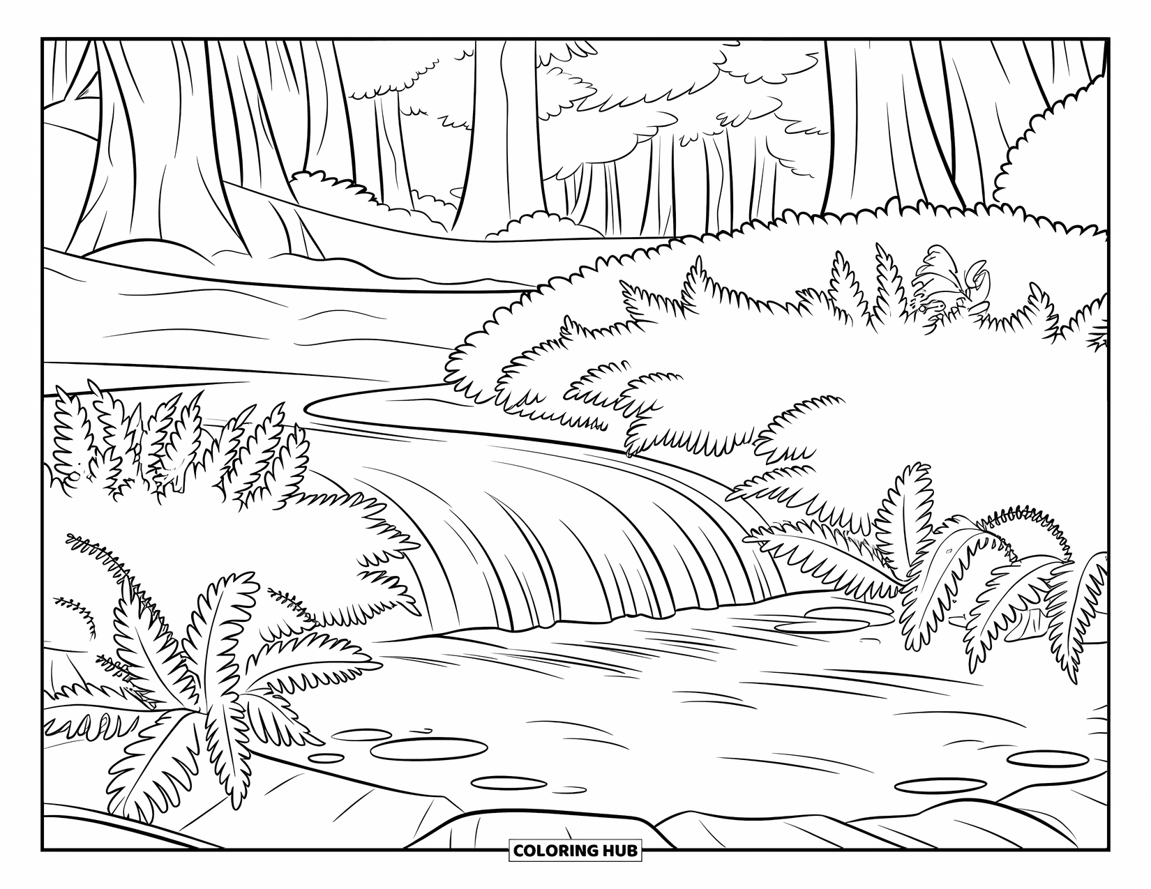 Mindfulness Coloring Page for Kids: A quiet waterfall flows into a pond bordered by tall ferns and dense forest trees
