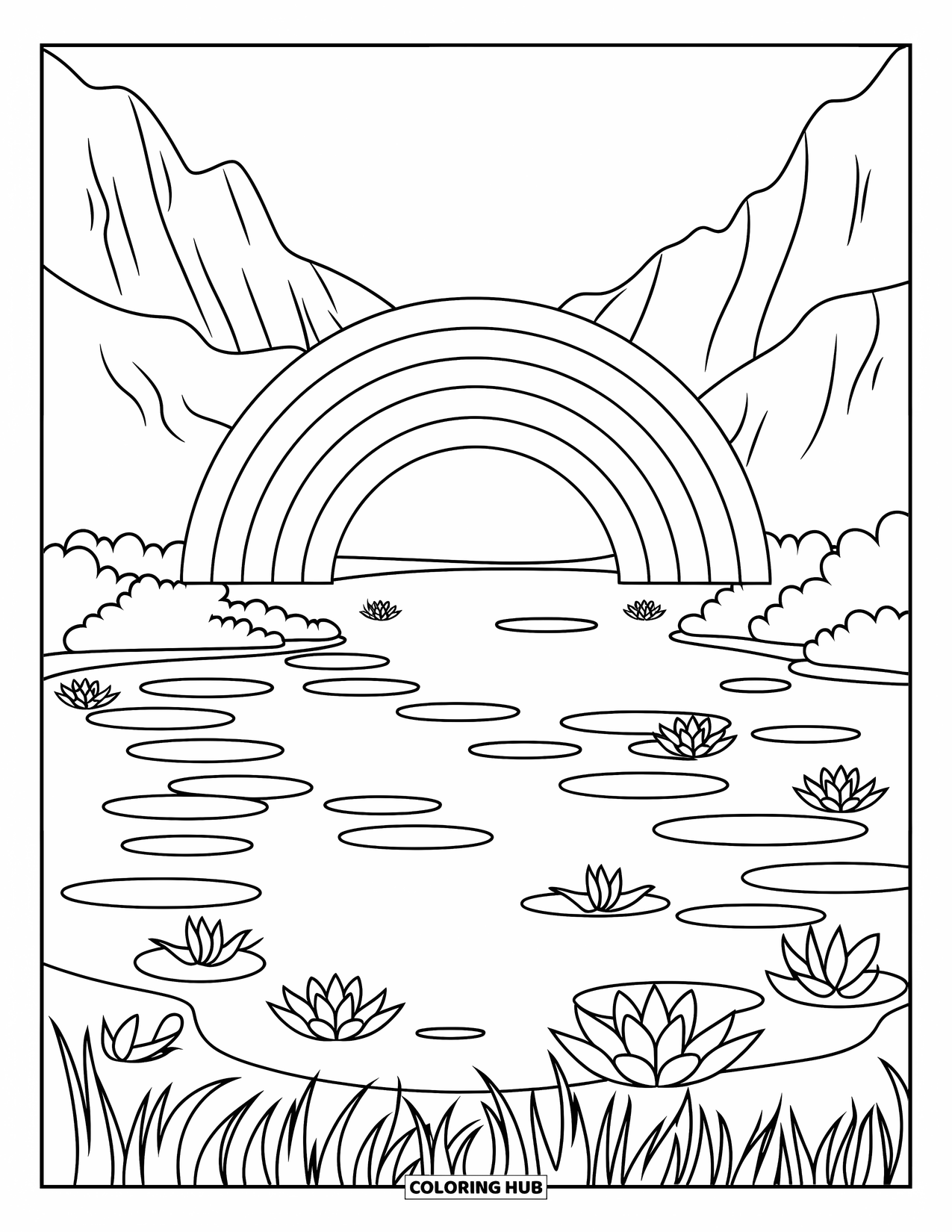 Mindfulness Coloring Page for Kids: A rainbow with distinct bands rises over a calm lake dotted with floating lotus flowers