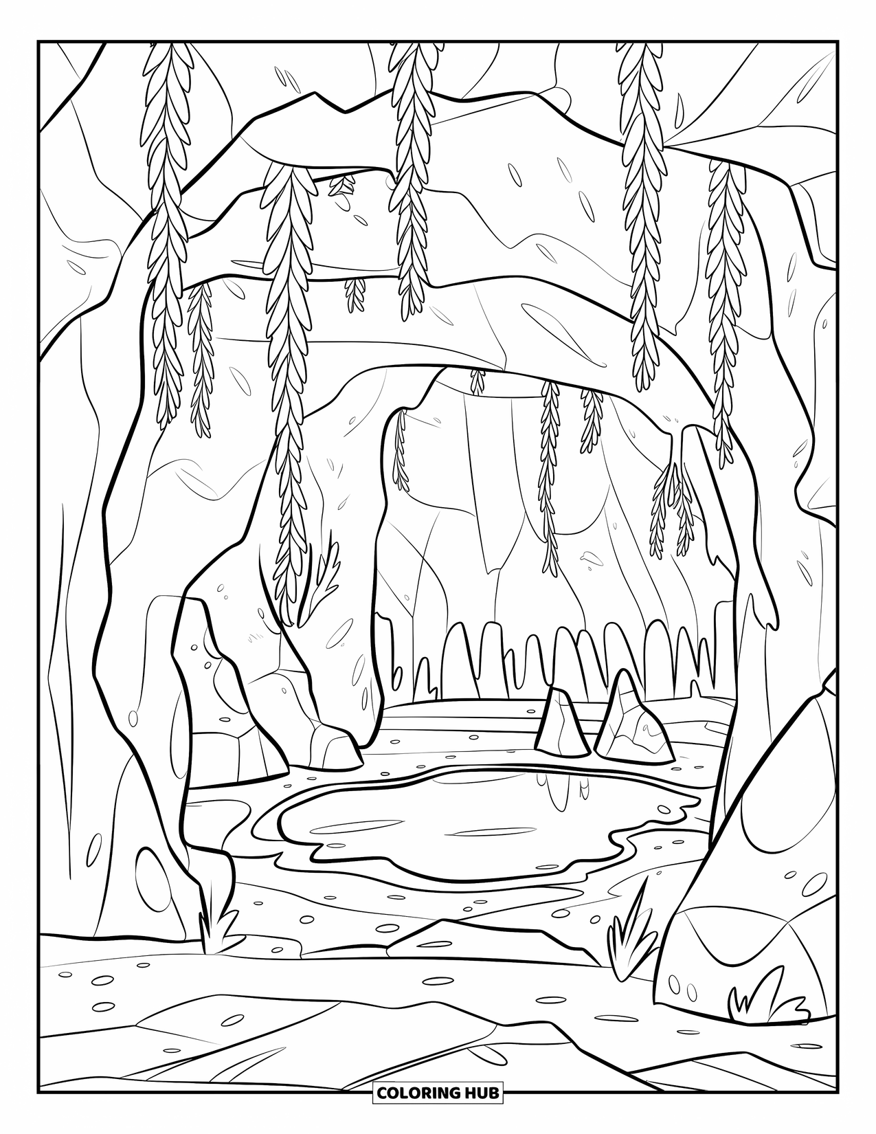 Mindfulness Coloring Page for Kids: A rocky cave with hanging vines, a small pool, and light streaming from a small opening