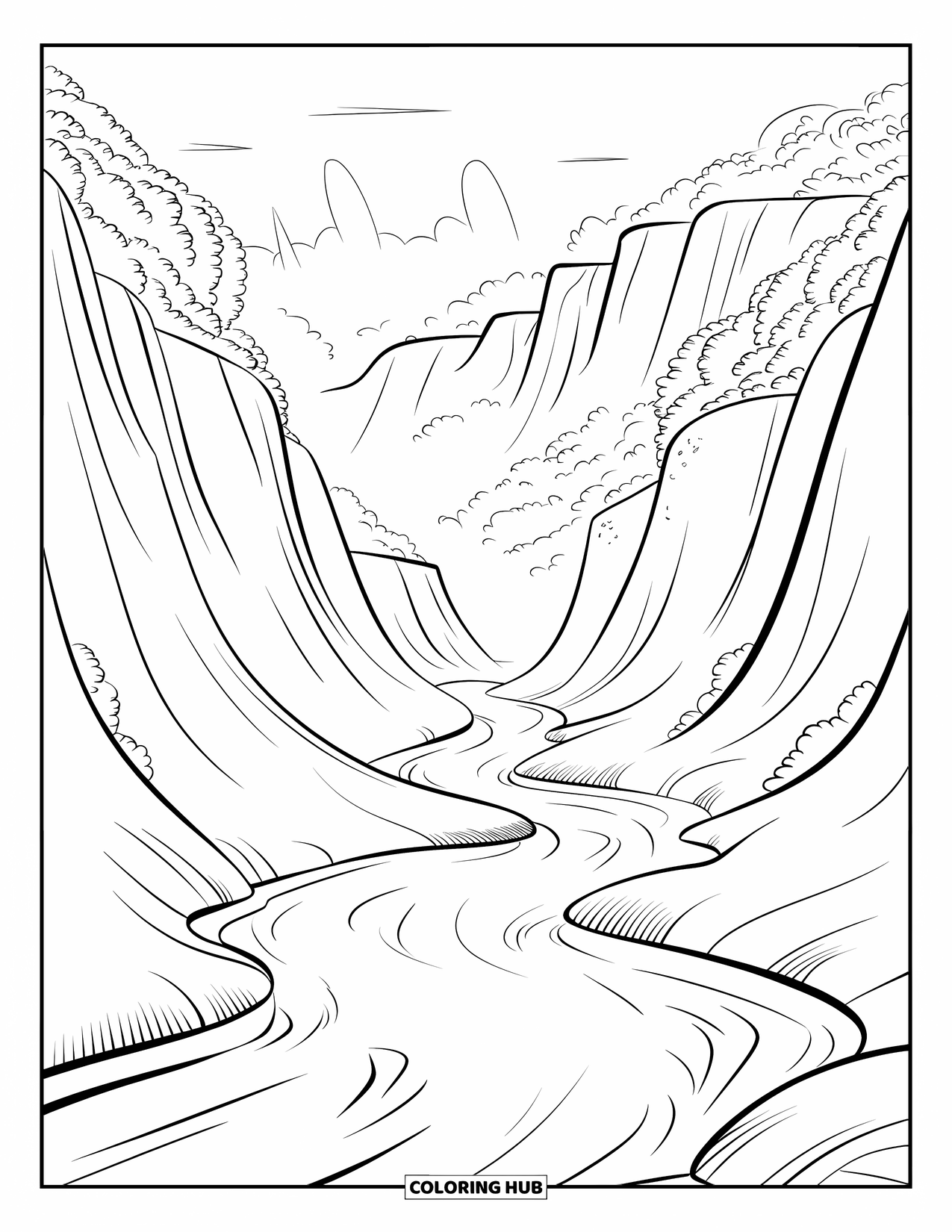 Mindfulness Coloring Page for Kids: A serene river winds through misty hills with a few trees in the soft background