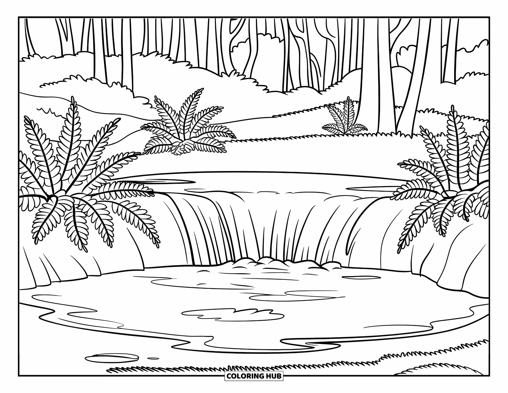 Mindfulness Coloring Page for Kids: A small waterfall flows into a still pond surrounded by tall ferns and forest trees
