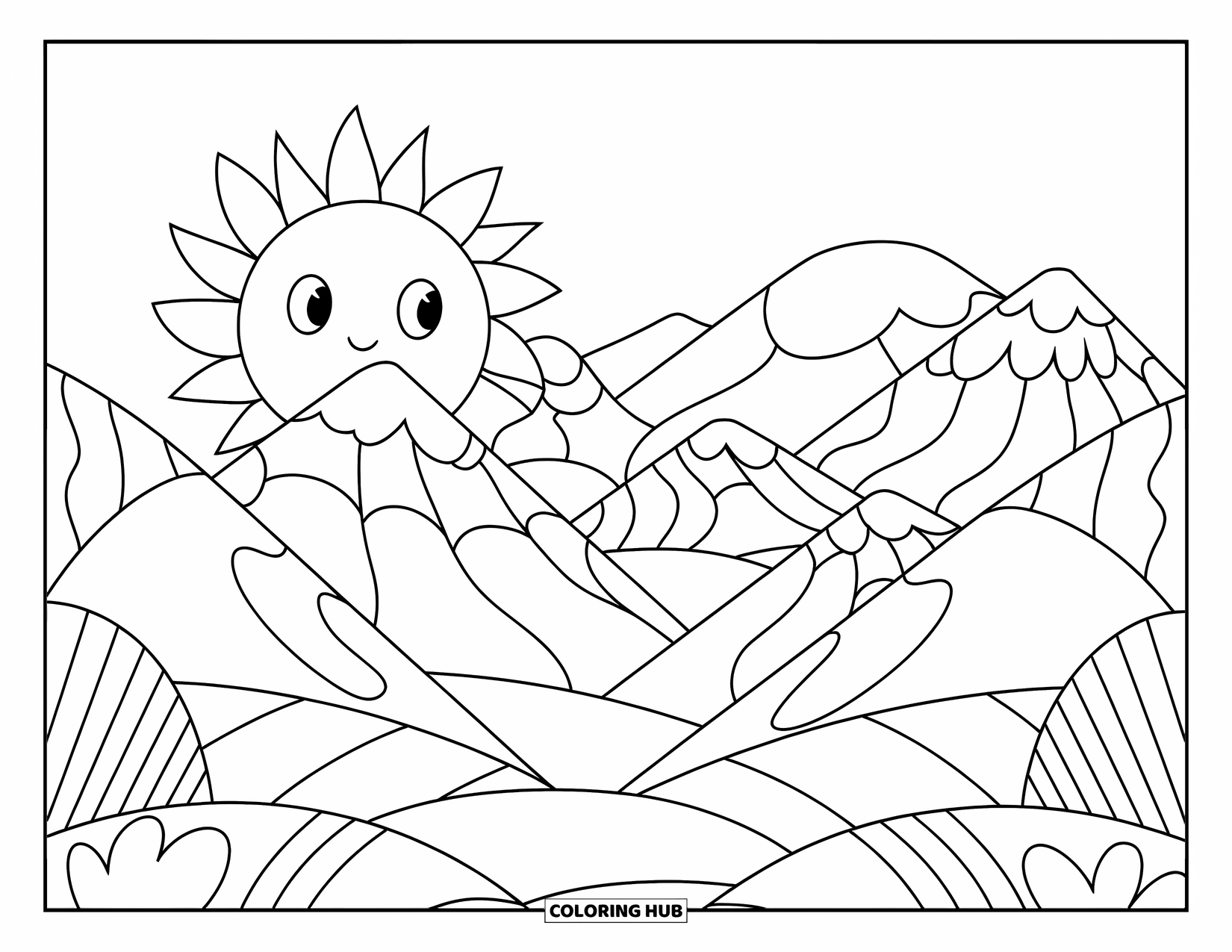 Mindfulness Coloring Page for Kids: A smiling sun rises over soft hills and a clear sky in a cheerful mountain scene