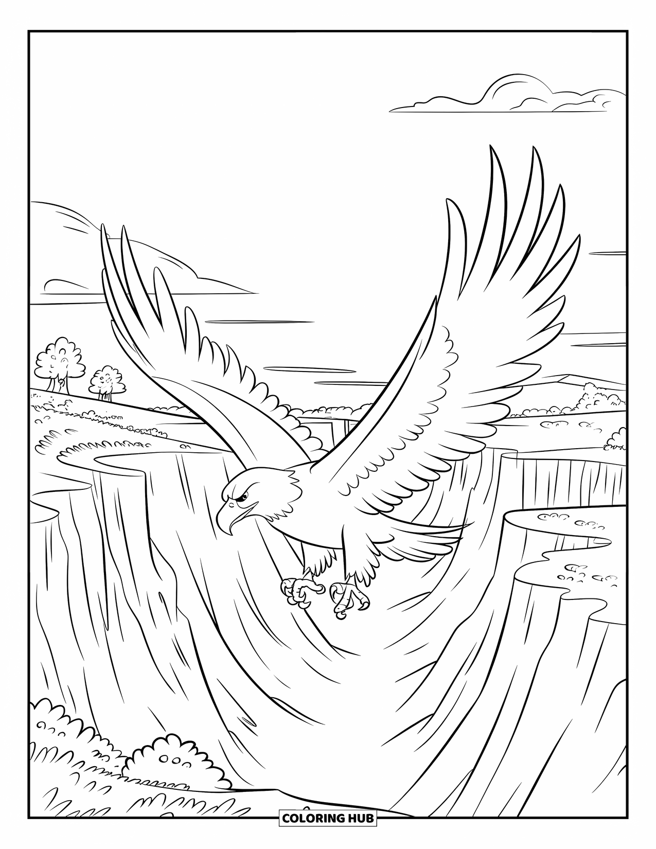 Mindfulness Coloring Page for Kids: A soaring eagle glides above a wide canyon with steep walls and trees nearby