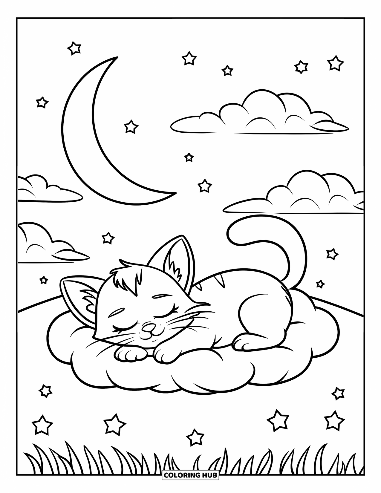 Mindfulness Coloring Page for Kids: A sweet kitten lies quietly on a fluffy cloud under a crescent moon and sparkling stars