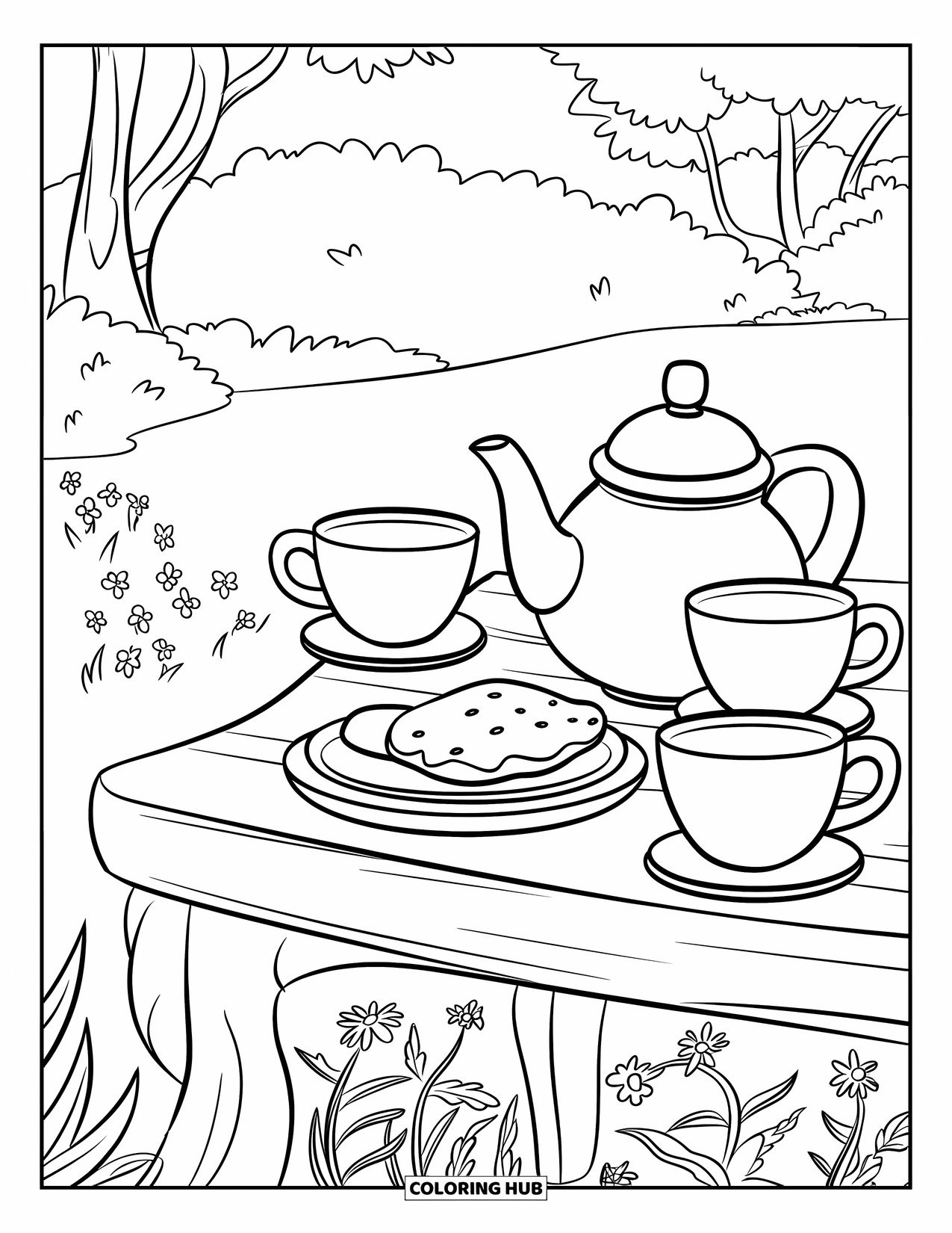 Mindfulness Coloring Page for Kids: A tea set with a cookie rests on a grassy field surrounded by wildflowers