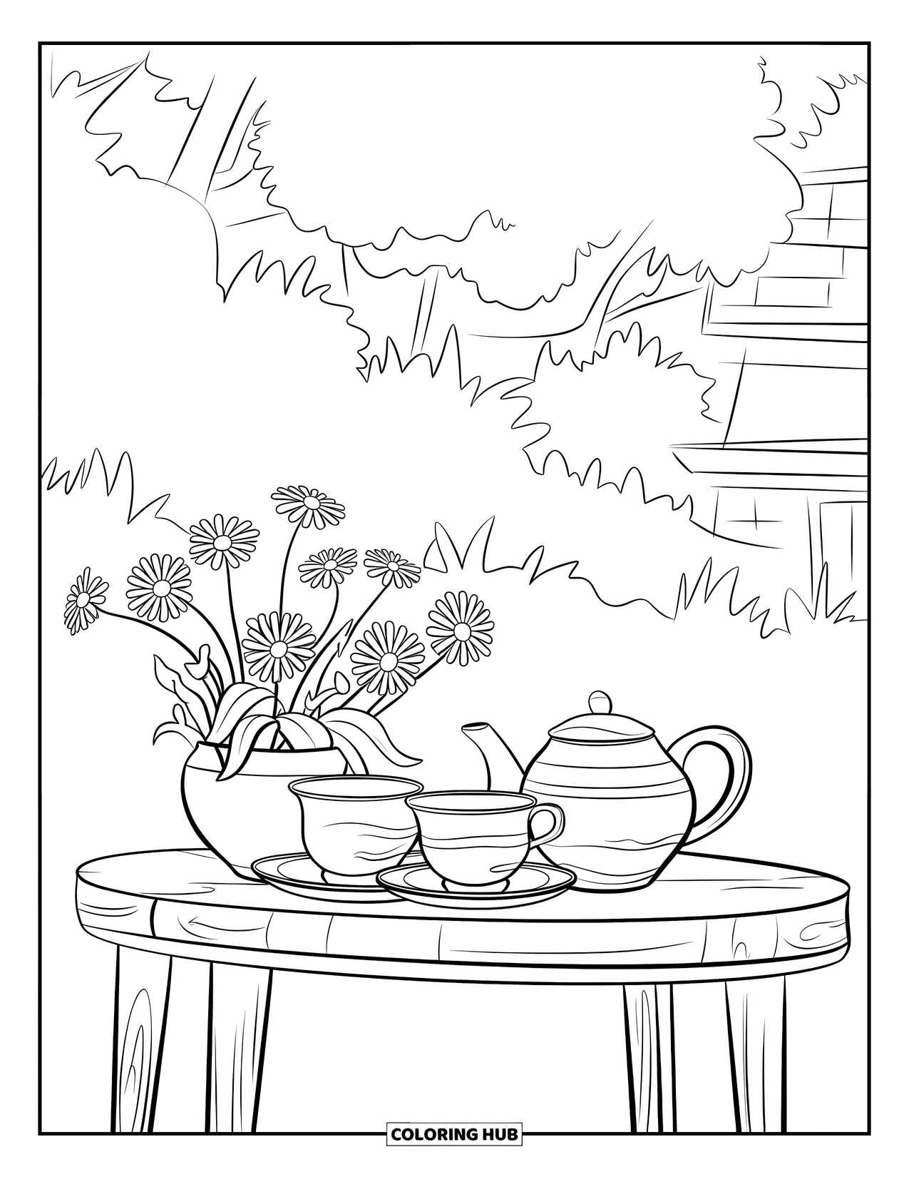 Mindfulness Coloring Page for Kids: A teapot and cups rest on a table near wildflowers and a peaceful building