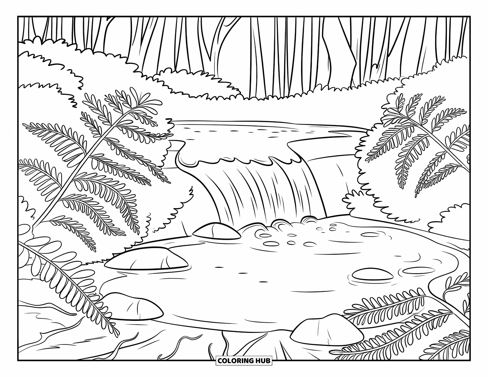 Mindfulness Coloring Page for Kids: A waterfall flows into a pond with rocks and ferns surrounded by a dense forest