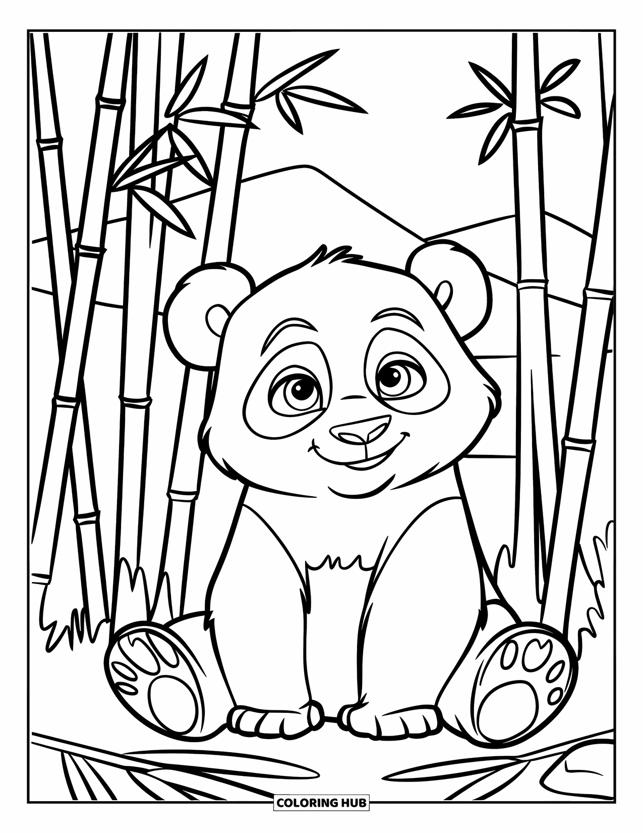 Mindfulness Coloring Page for Kids: A young panda gazes quietly at the sky, surrounded by tall bamboo and distant trees