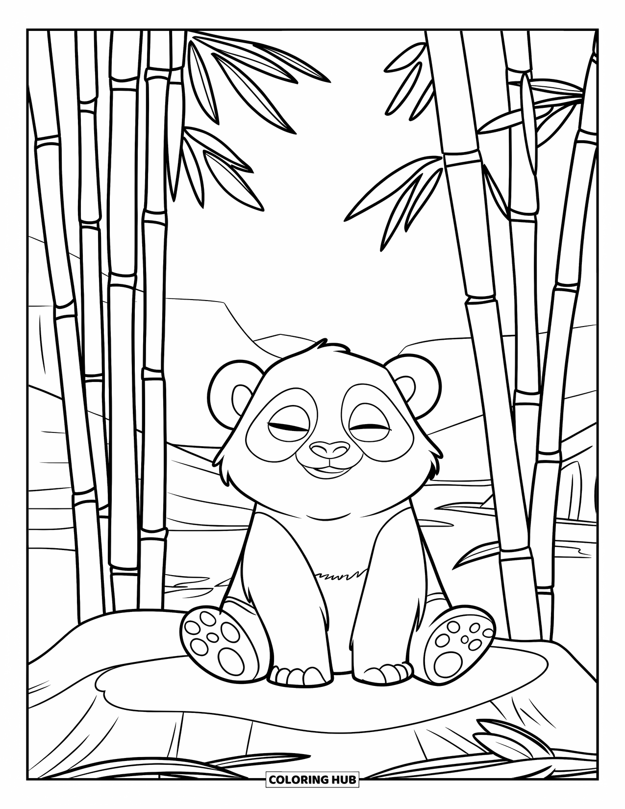 Mindfulness Coloring Page for Kids: A young panda sits quietly among bamboo, gazing peacefully at the sky