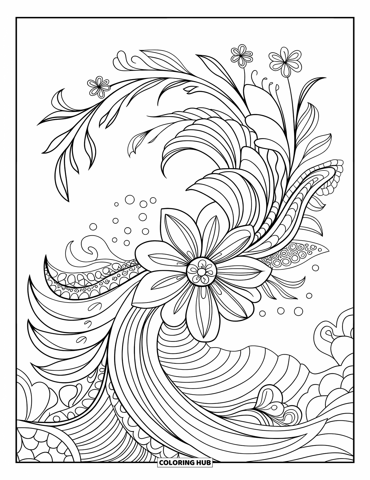 Mindfulness Coloring Page for Kids: An artistic mandala weaves flowers, leaves, and waves into a soothing pattern