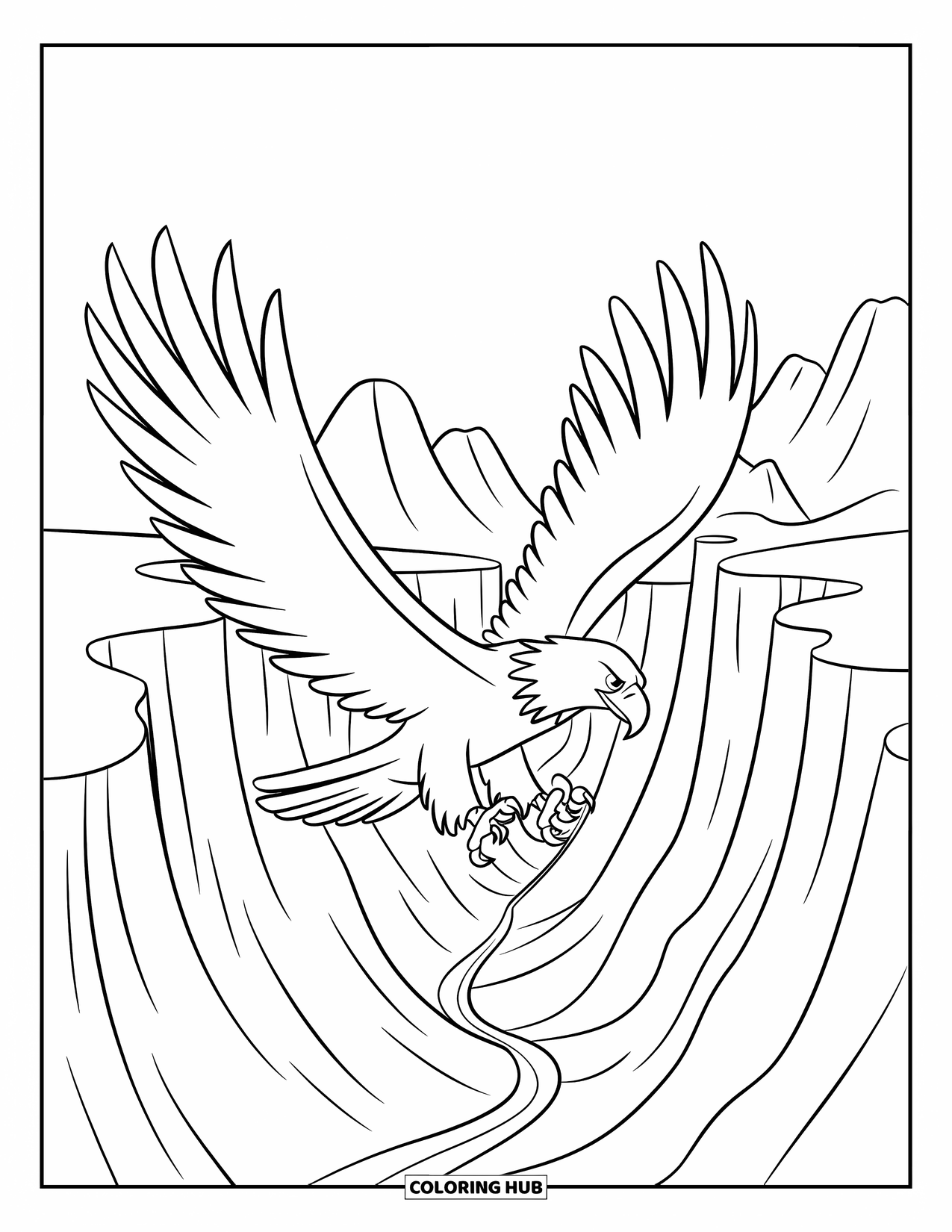 Mindfulness Coloring Page for Kids: An eagle with wings spread flies above a canyon and winding path with distant mountains
