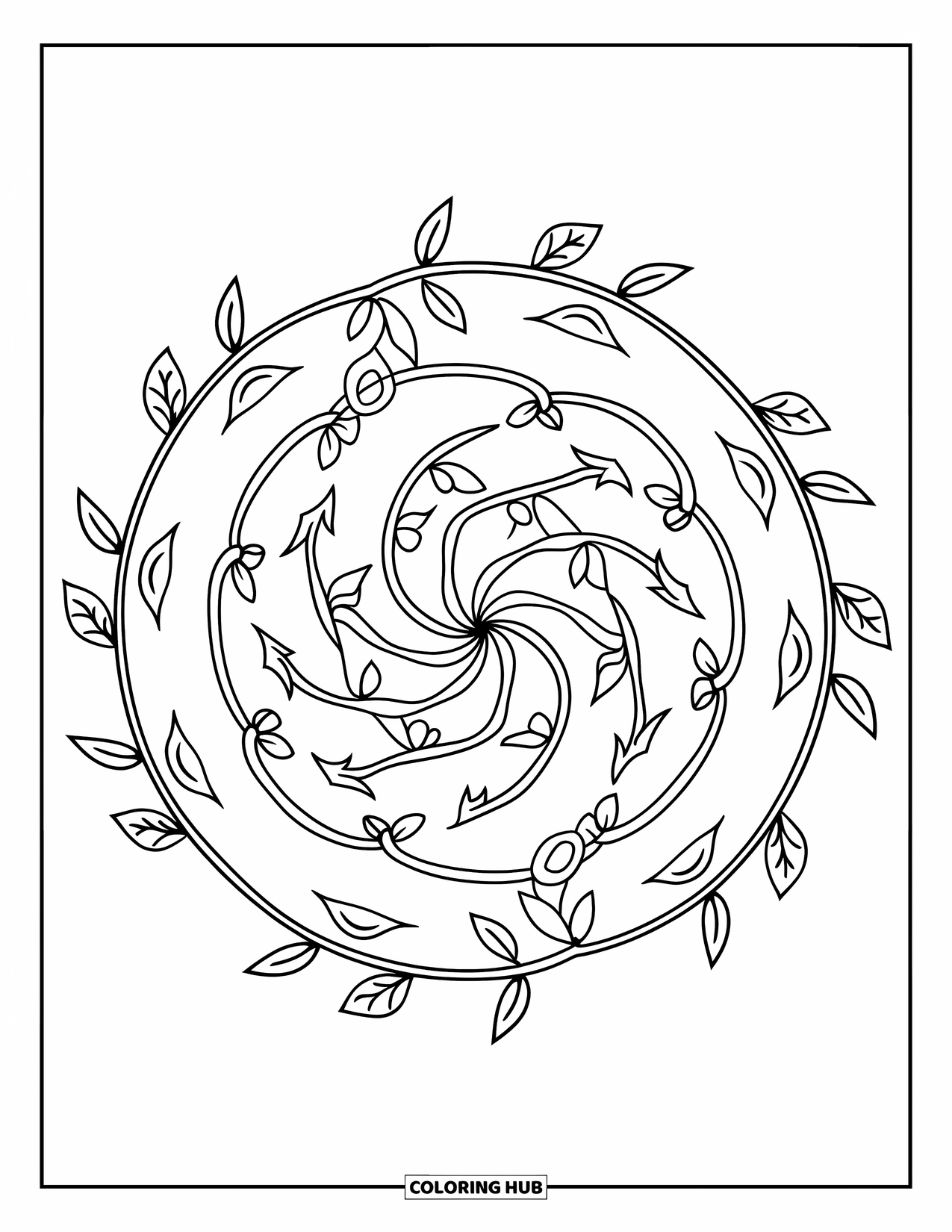 Mindfulness Coloring Page for Kids: Leafy vines spiral outward from the center in a soft, flowing mandala design