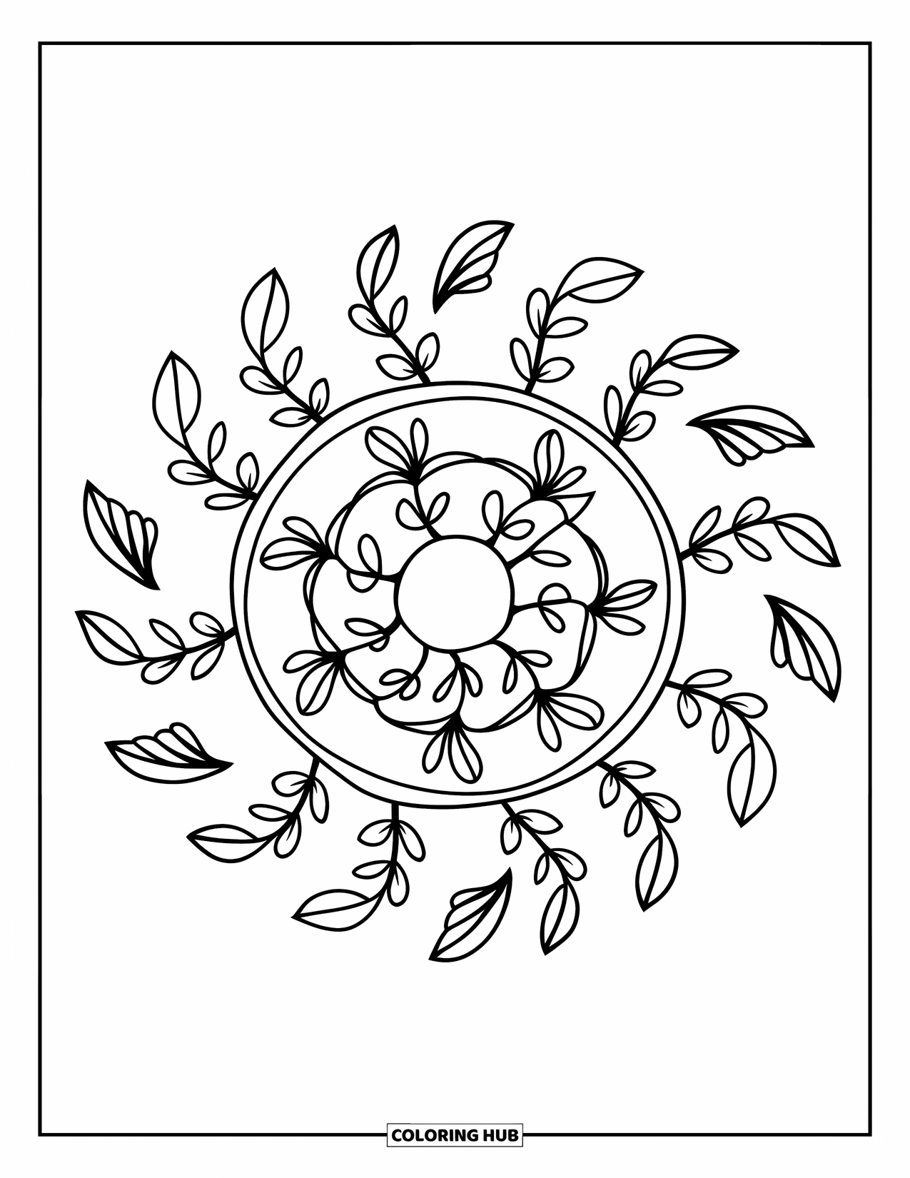 Mindfulness Coloring Page for Kids: Leafy vines spiral outward in a soft, simple mandala full of gentle shapes