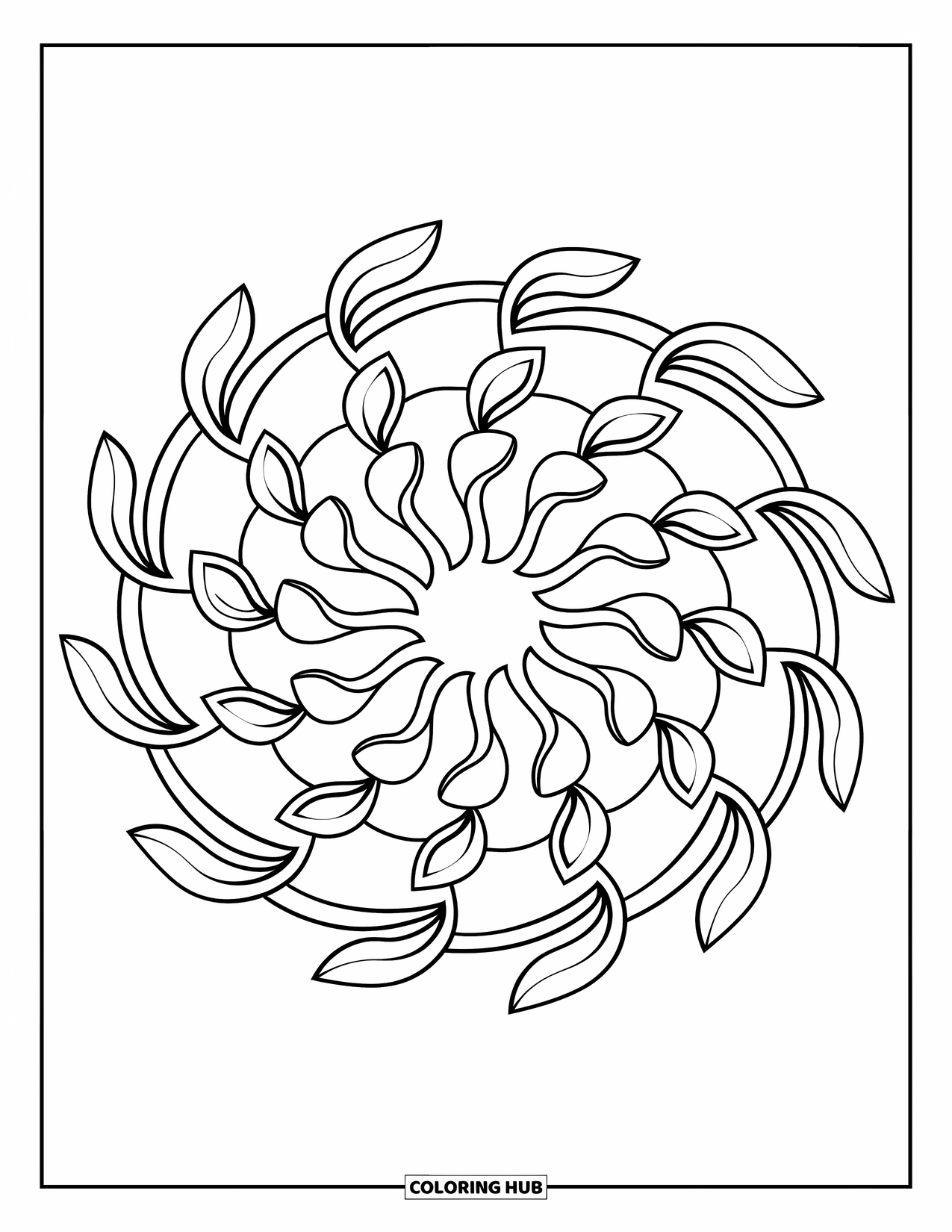 Mindfulness Coloring Page for Kids: Leafy vines swirl outward from the center in a cute and easygoing mandala